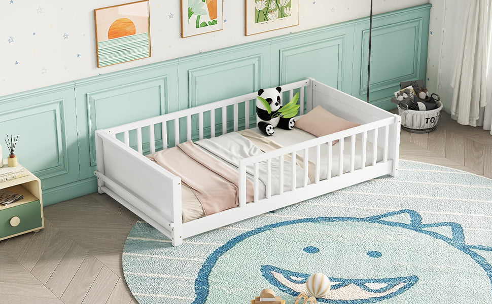 White Twin Toddler Floor Platform Bed with Built-in Book Storage Rack