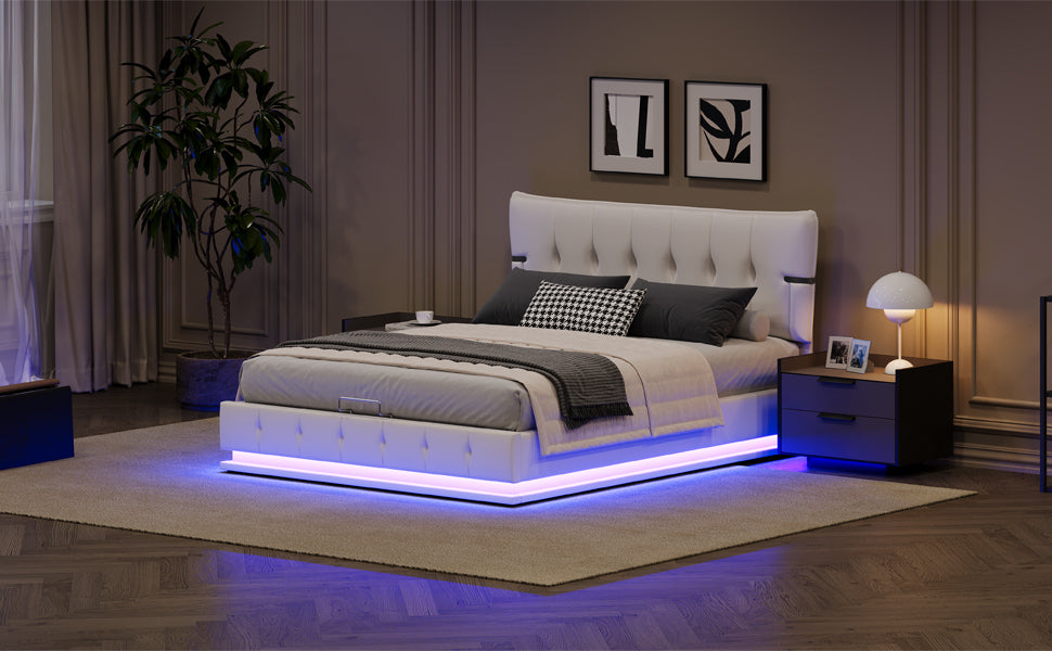 Upholstered Platform Queen Size Lift Up Storage Bed with LED Lighting in White