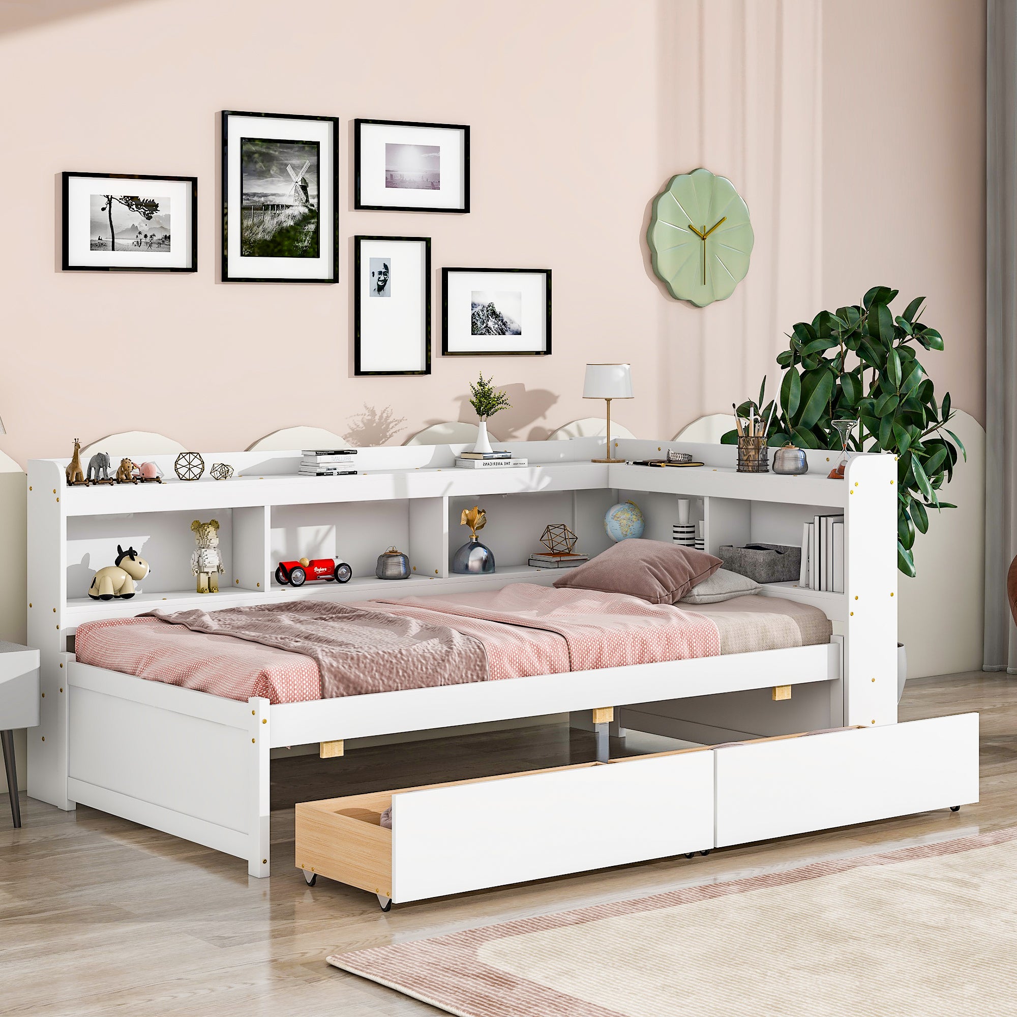 White Twin Bed with L-Shaped Bookcases and Storage Drawers