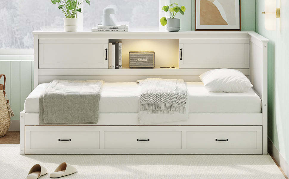 Full L-Shaped Daybed with Storage Cabinets, Drawers & Built-In Charging Station