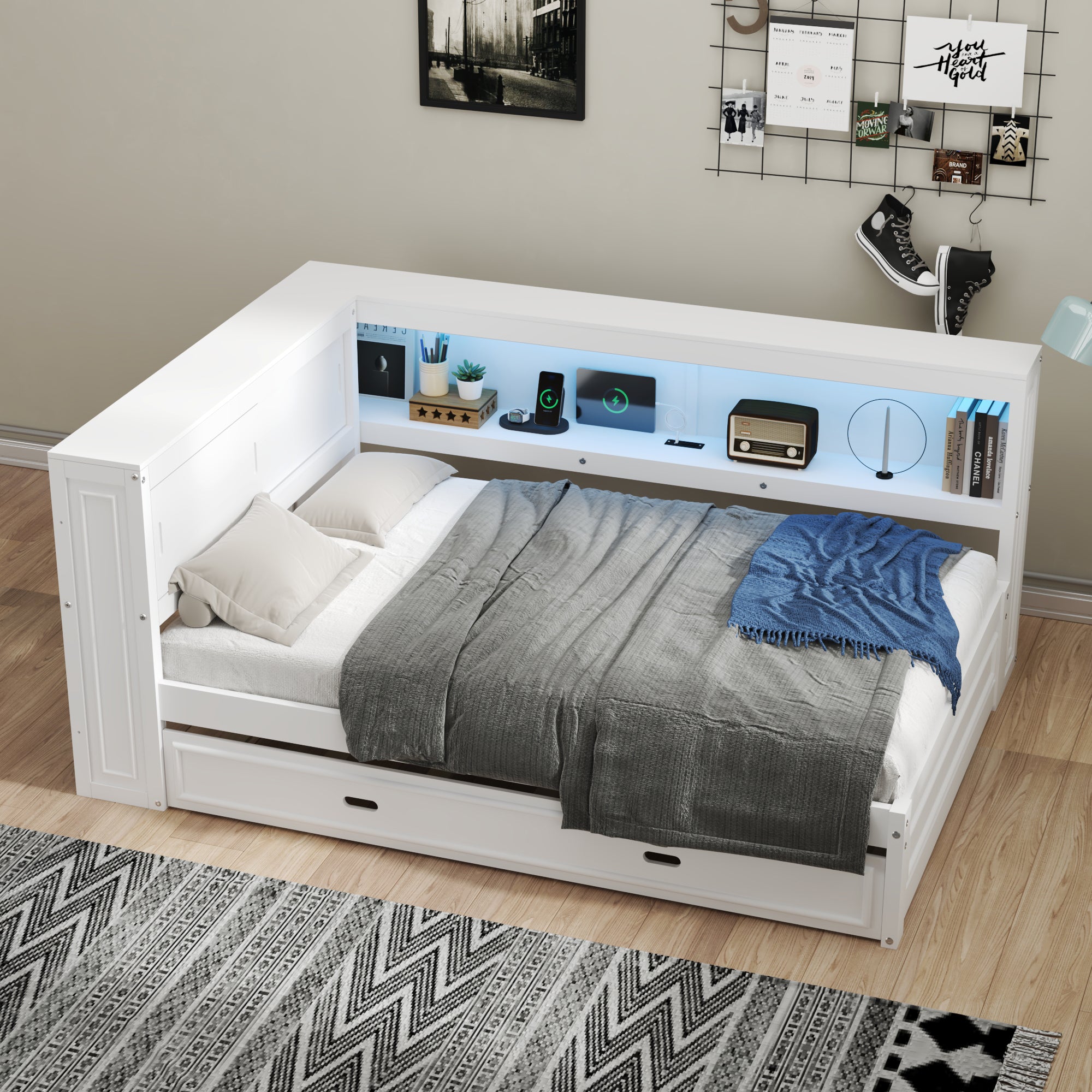 Full Size Wood Daybed with USB Charging LED Shelves and Trundle In White