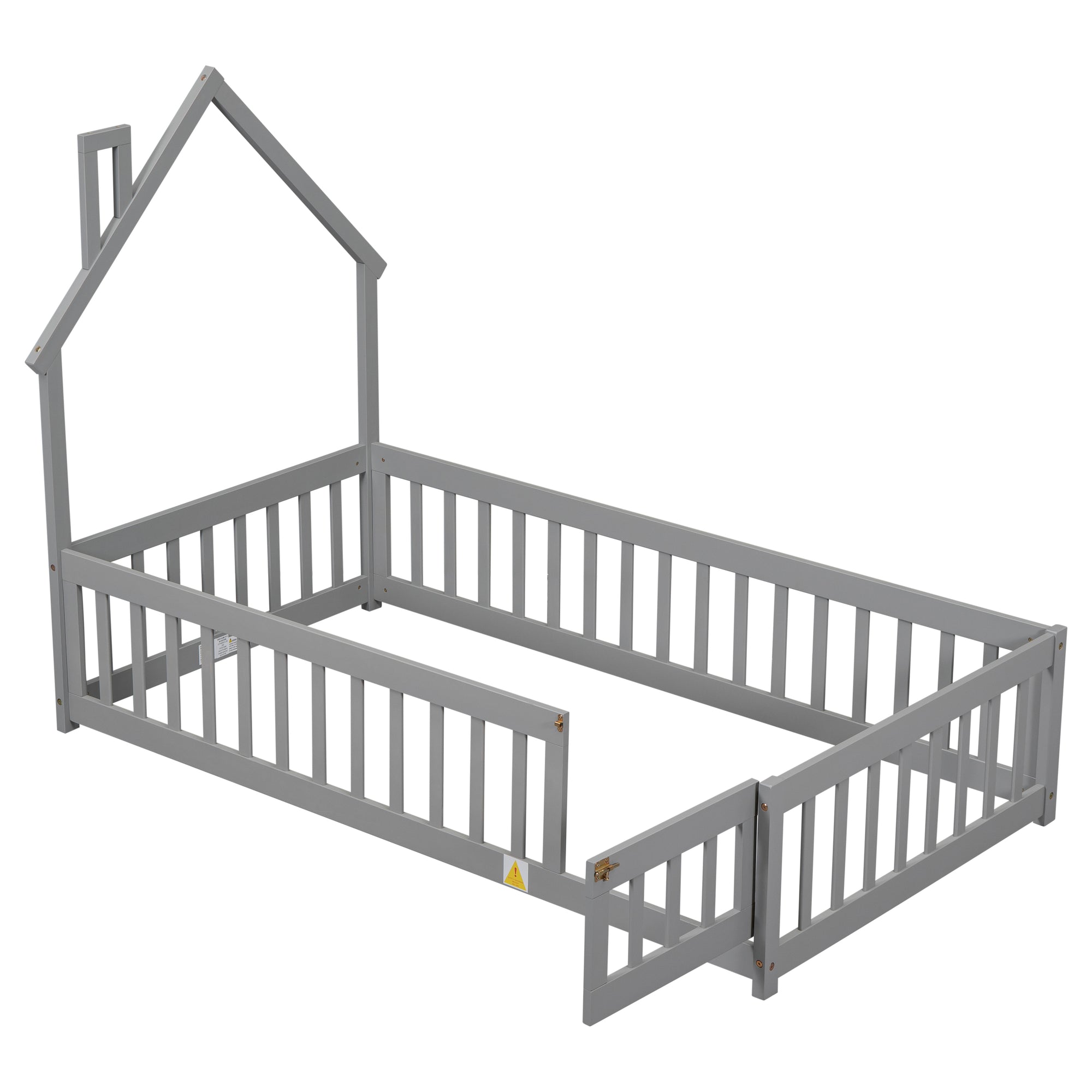 Gray Twin House-Shaped Headboard Floor Bed with Fence