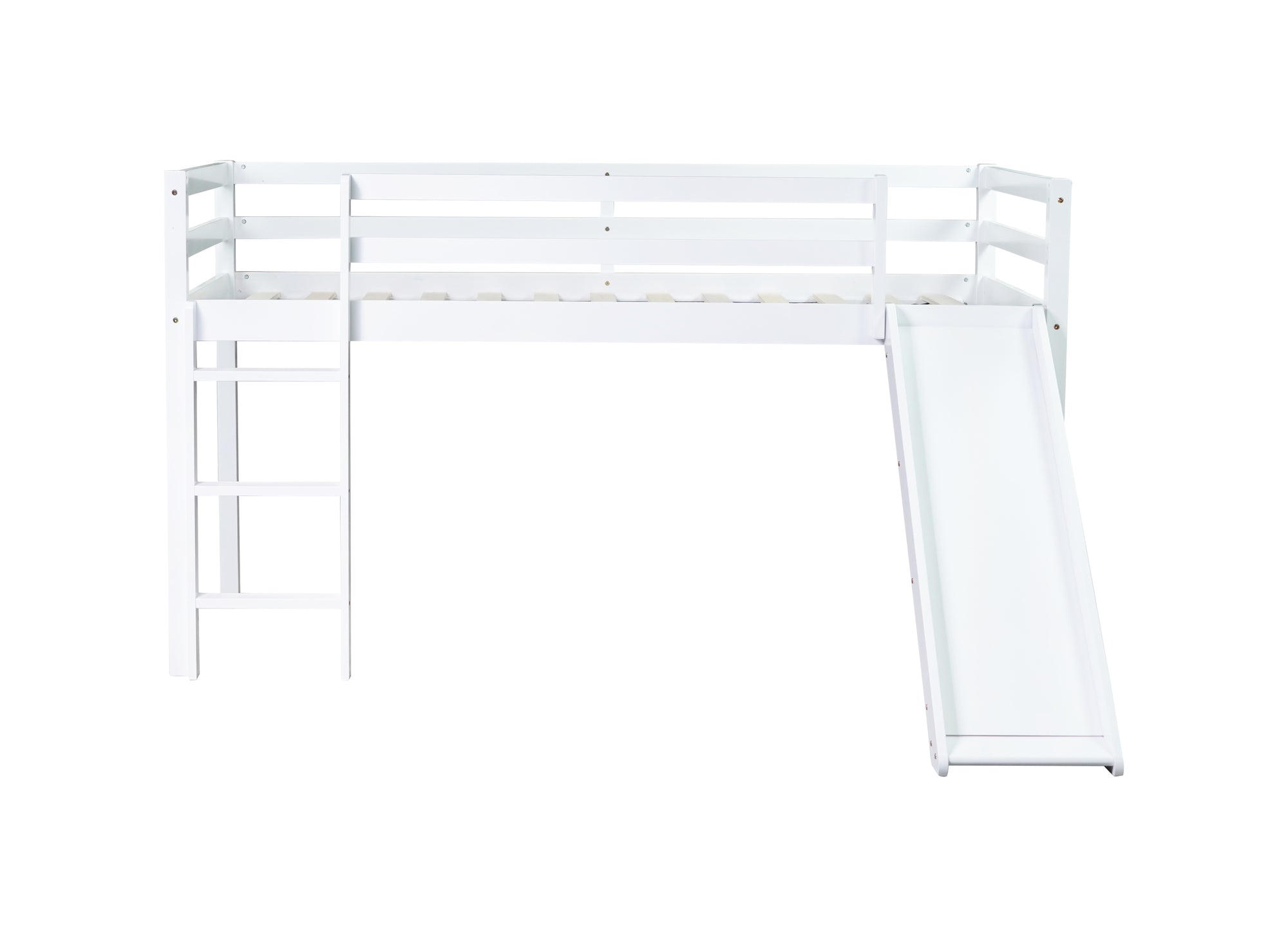 White Twin Low Loft Bed with Slide, Ladder, and Guardrails