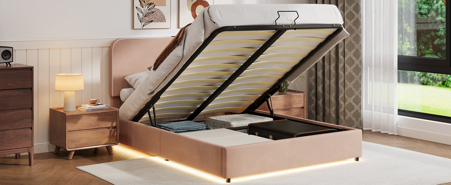 Full Size Bed with Hydraulic Storage, LED Lighting & Built-in Bluetooth Speaker