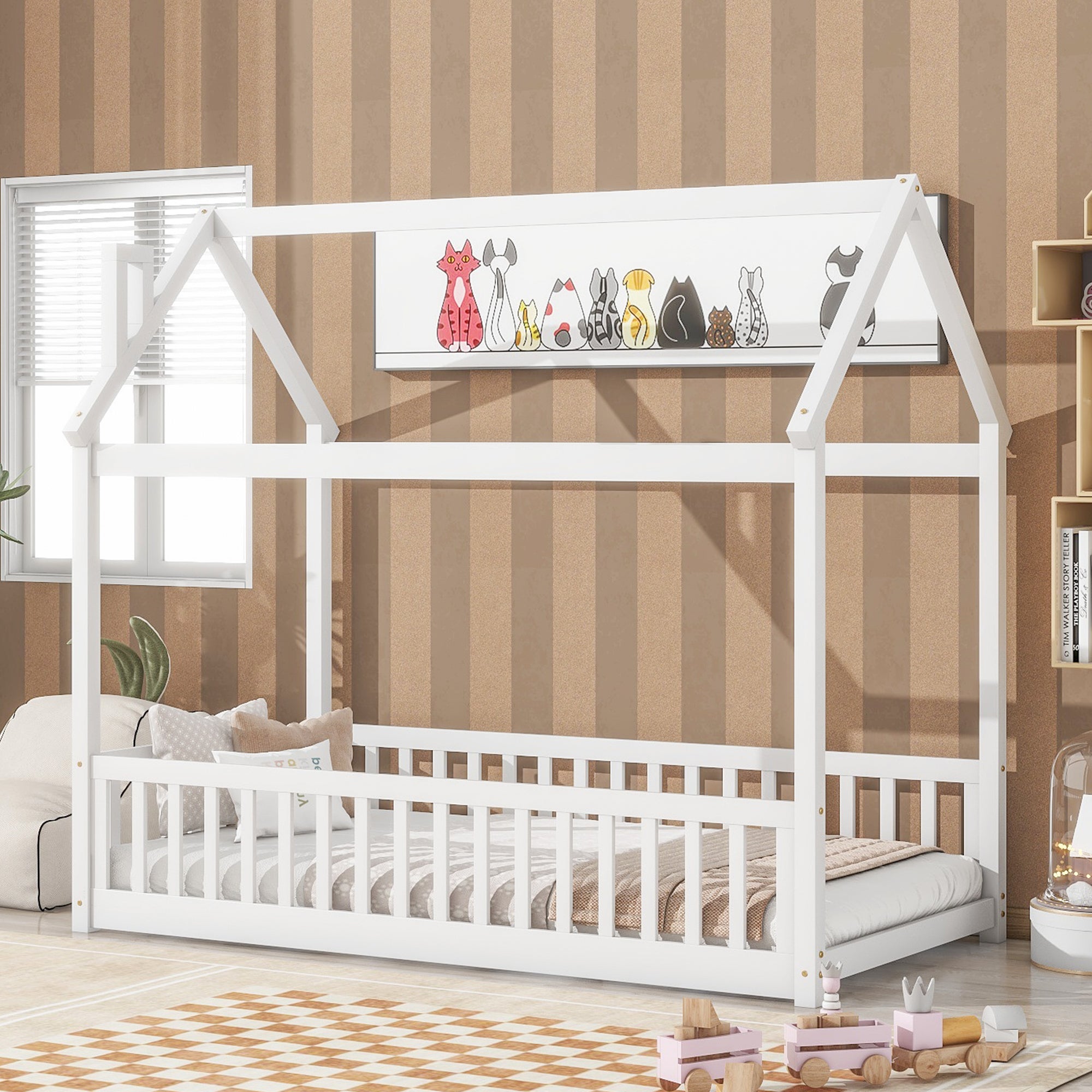 White Twin House Toddler Floor Bed with Guardrails and Slats