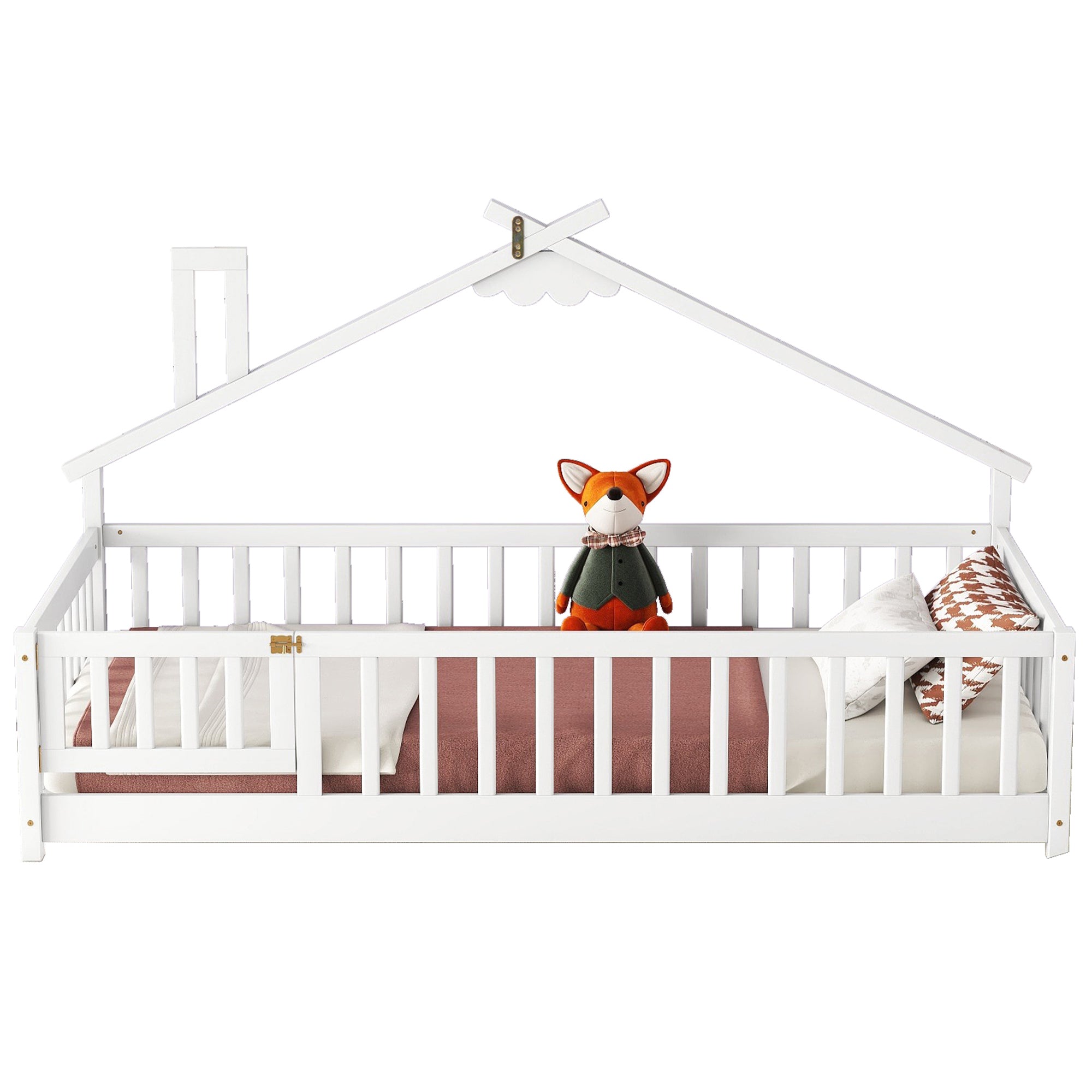 Twin House-Shaped Bedside Toddler Floor Bed with Guardrails, Slats & Door