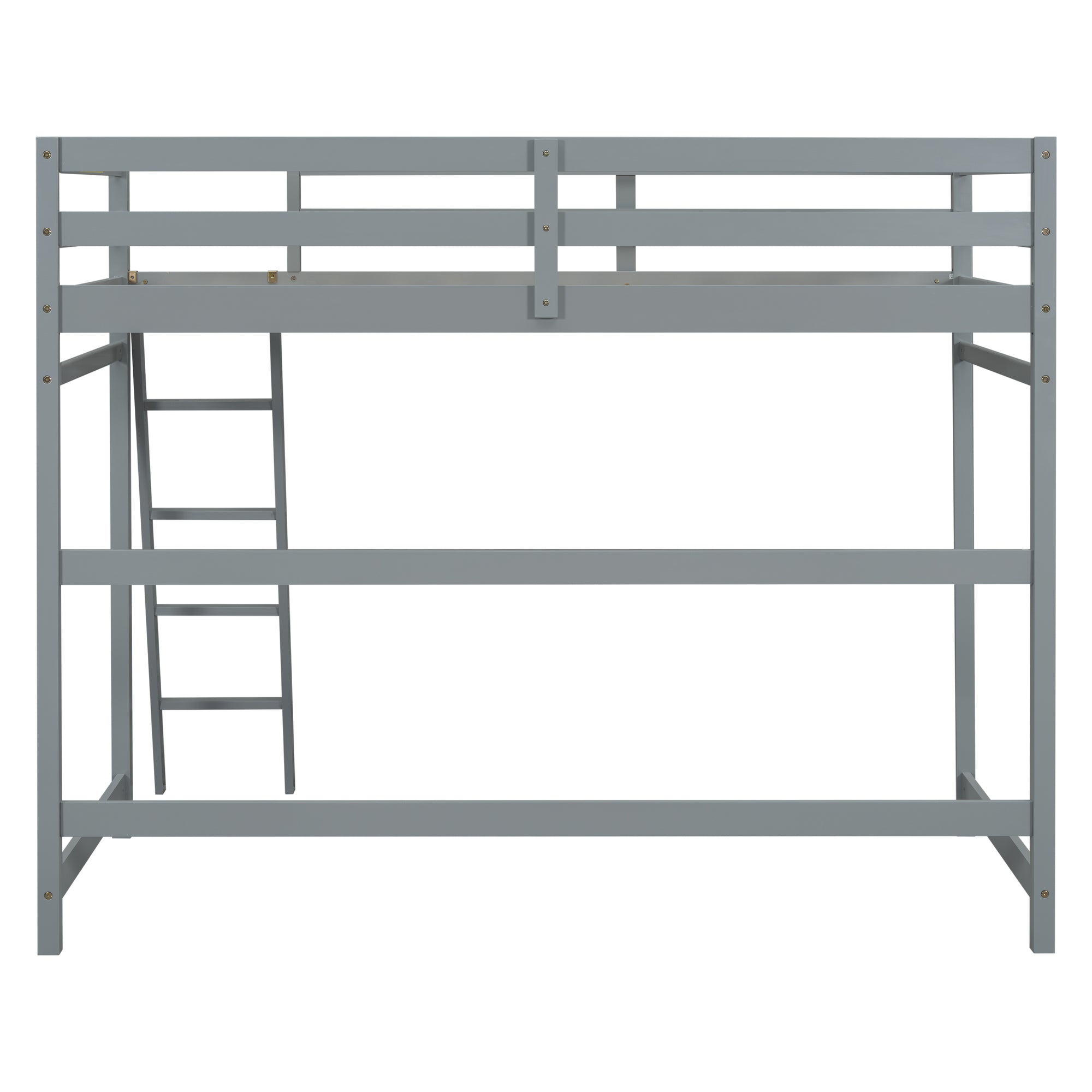 Gray Twin Size High Loft Bed with Inclined Ladder and Guardrails