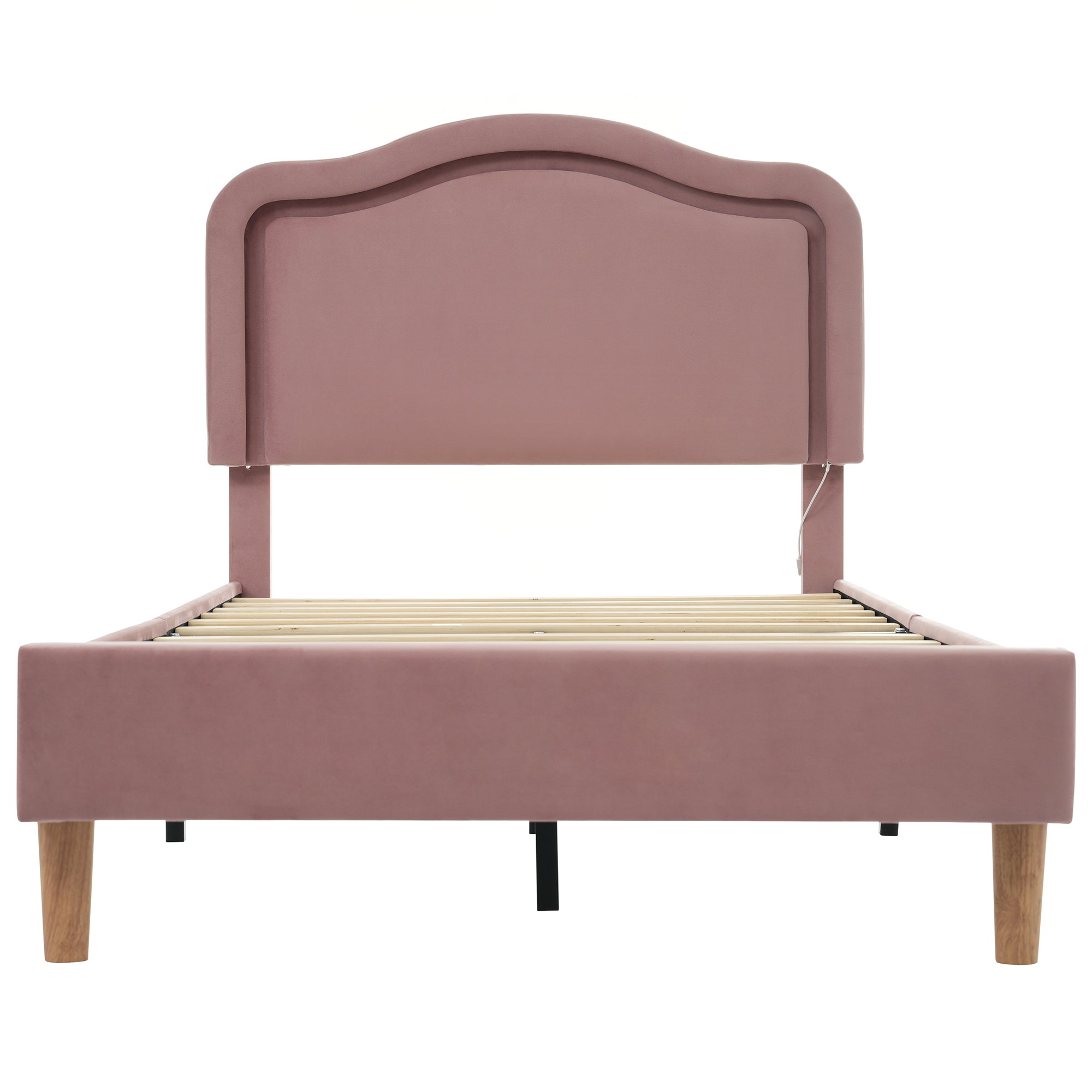 Pink Twin Velvet Upholstered Bed Frame with Adjustable LED Lights