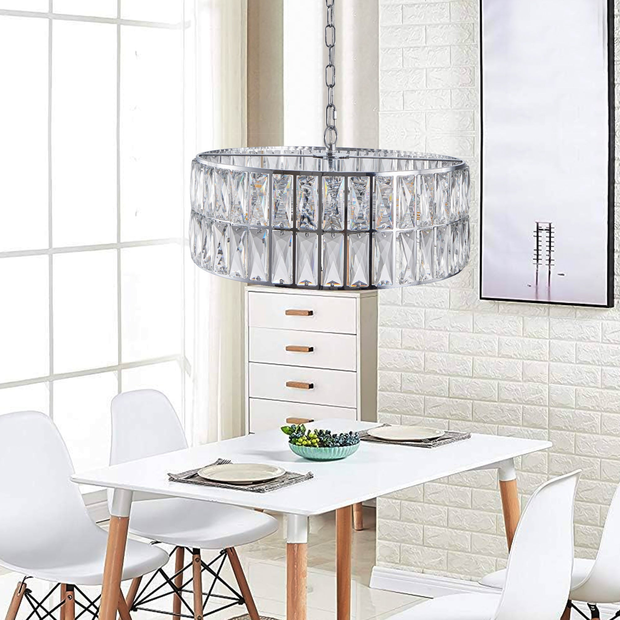 6-Light Pendant Crystal Drum Chandelier with Silver Metal Frame