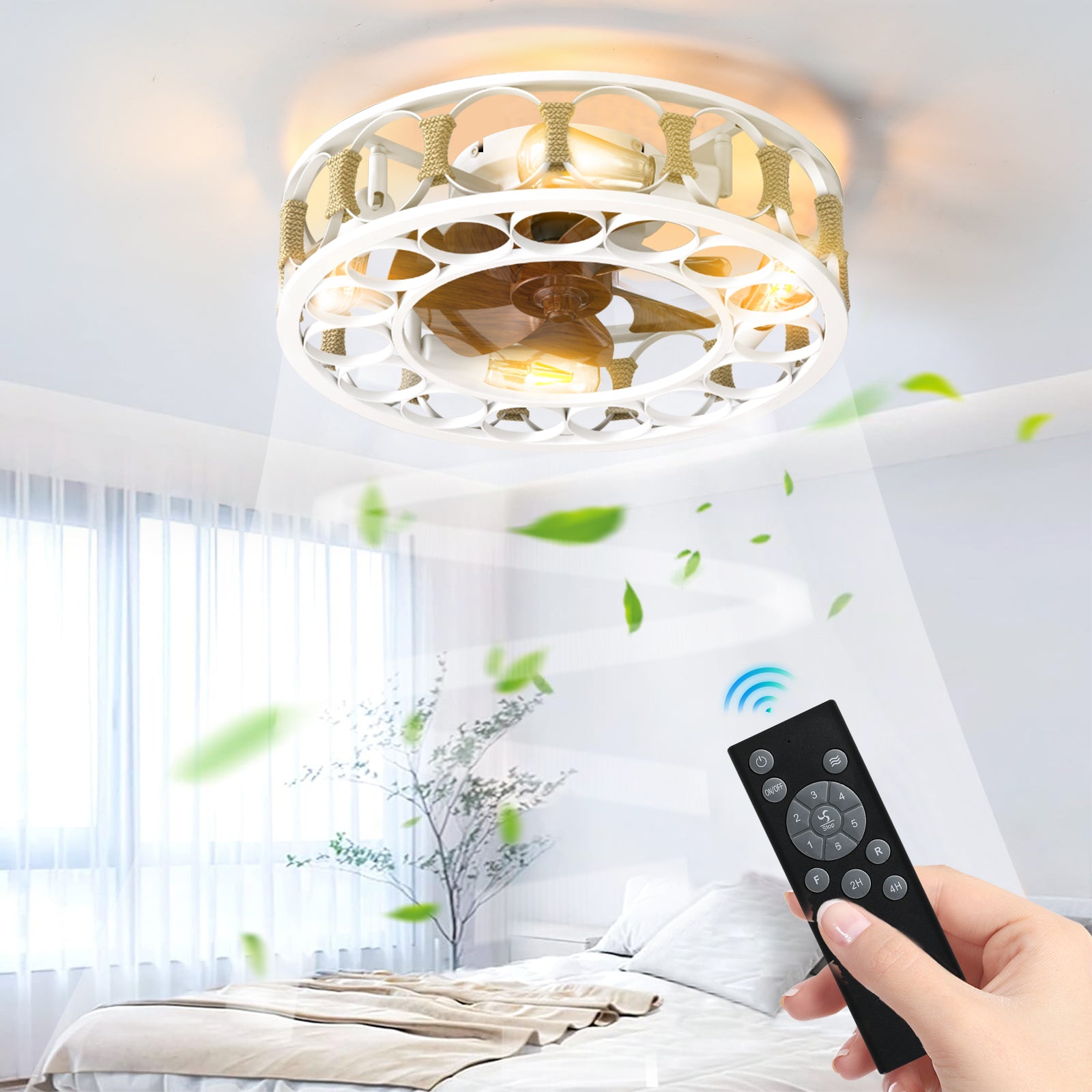 Semi-Embedded 6 Speed Caged Ceiling Fan with Lights and Remote Control