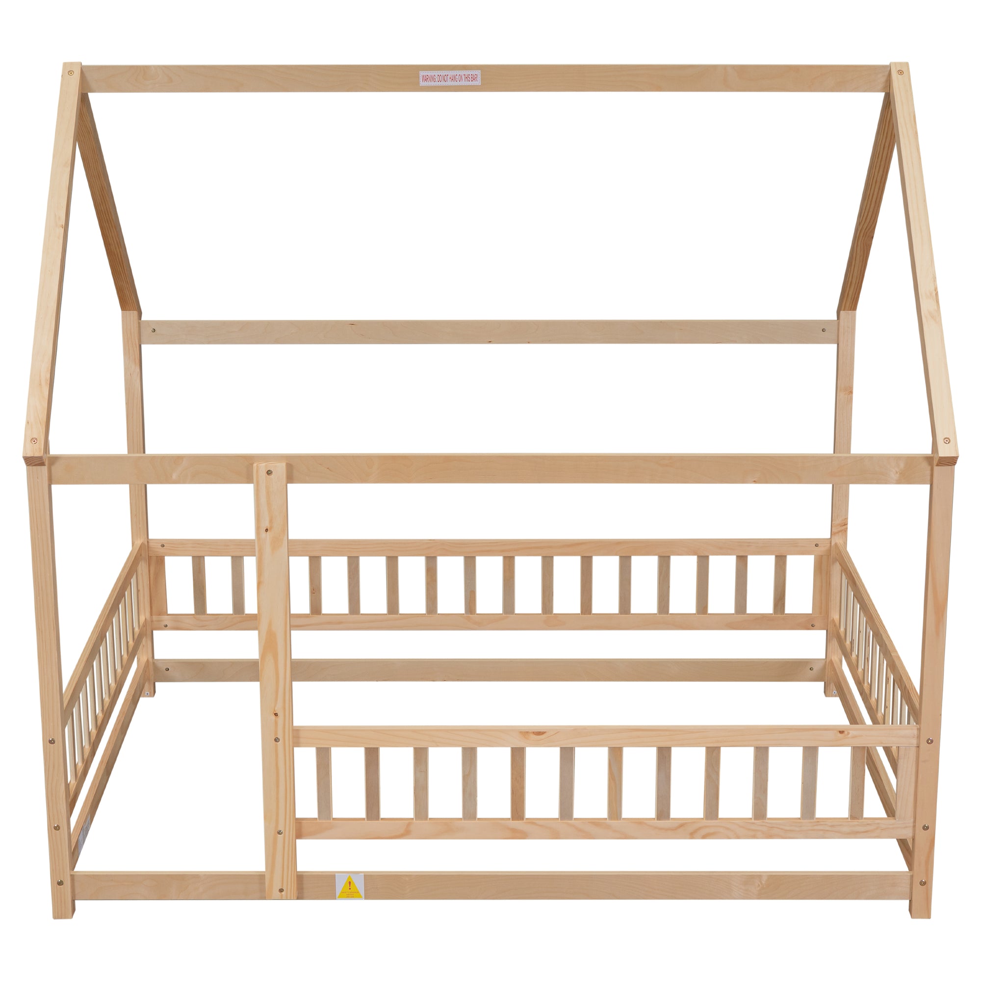 Natural Full Size Floor Wooden Toddler Floor Bed with House Roof Frame and Fence Guardrails