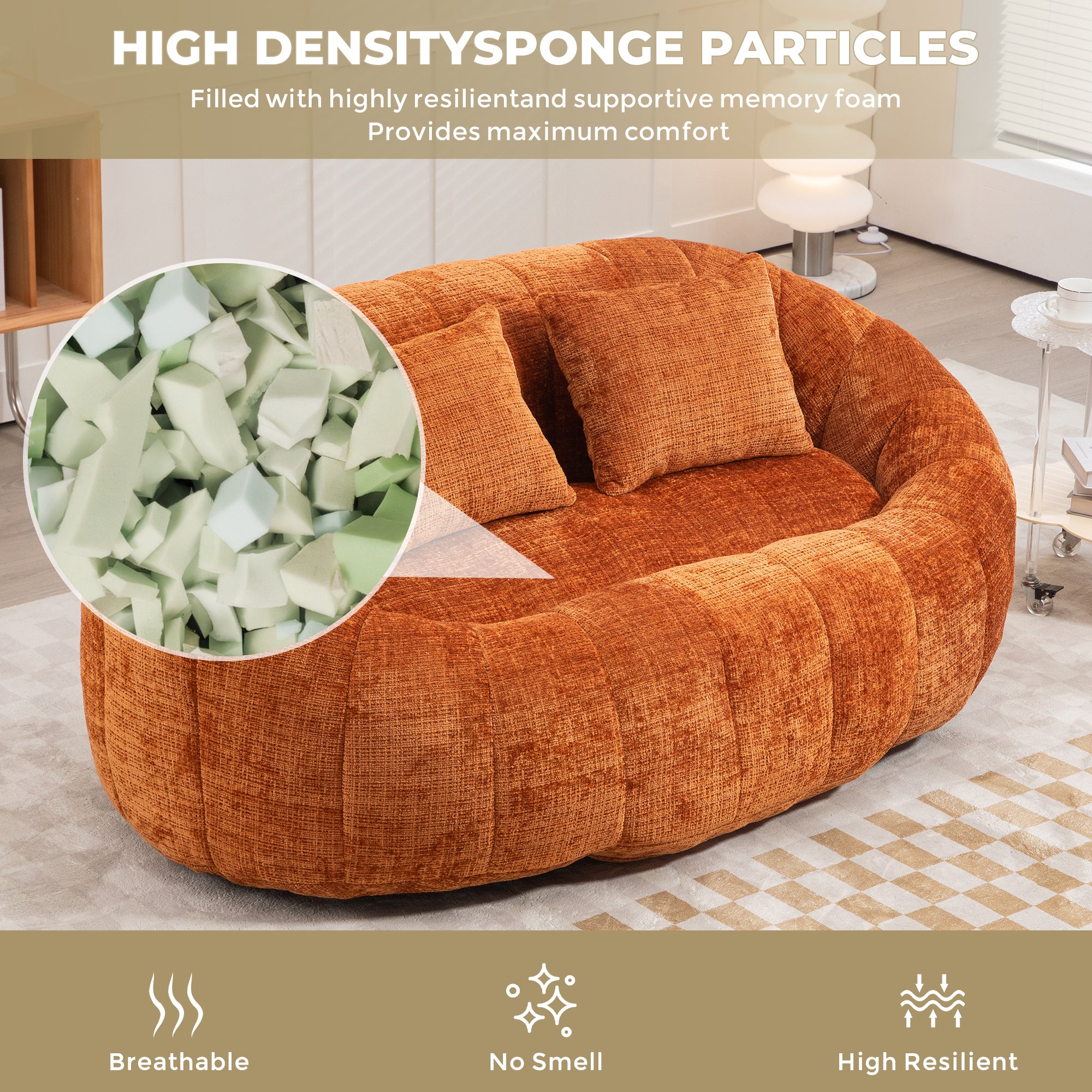 Orange Chenille Bean Shape 2-Seater Lazy Sofa