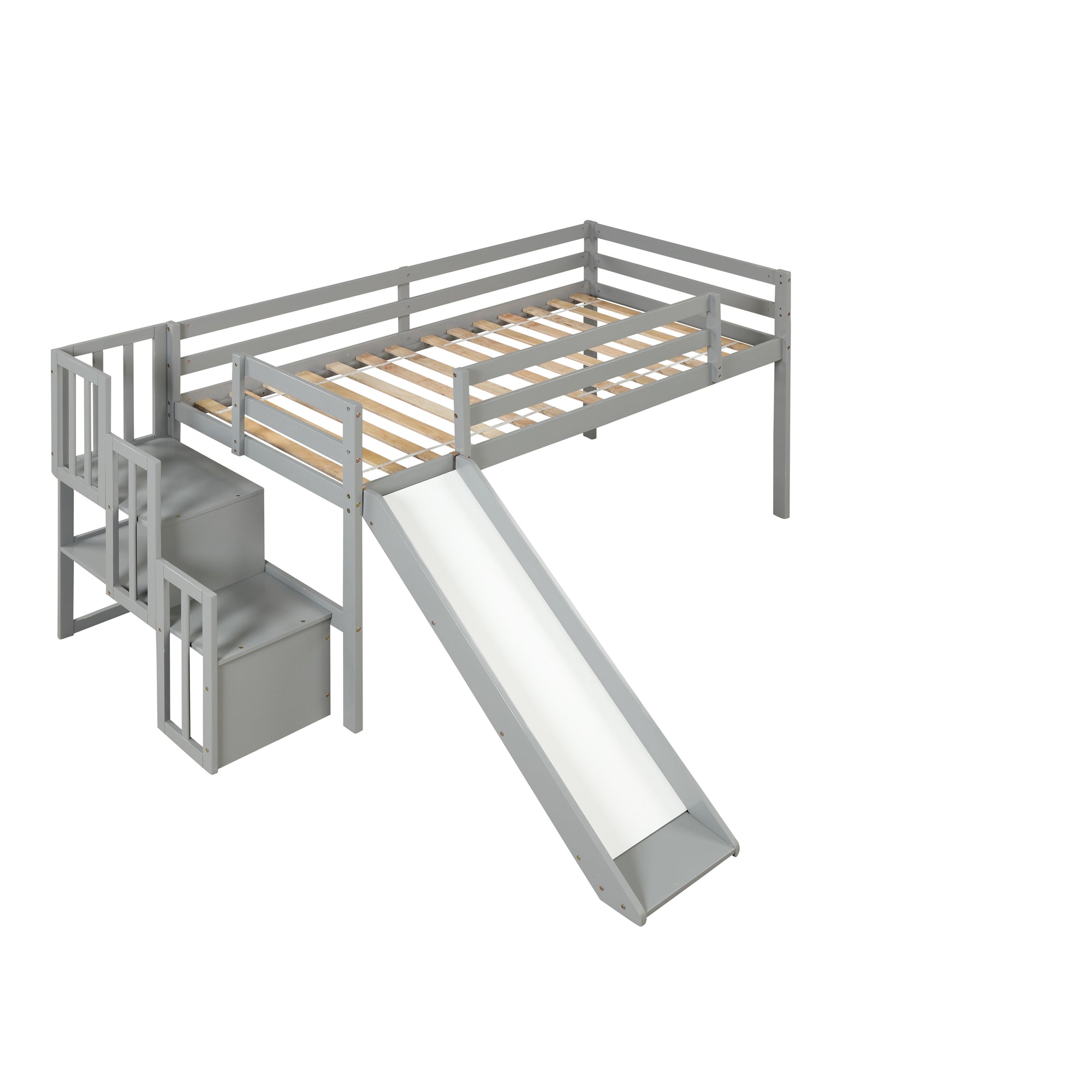 Gray Twin Loft Bed with Slide, Storage Staircase, and Full-Length Guardrails