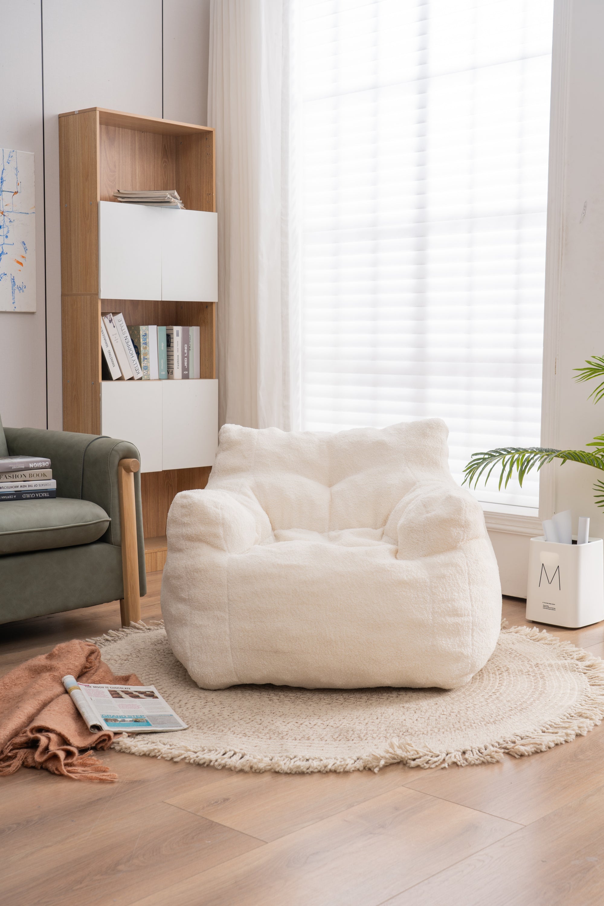 Soft Teddy Tufted Bean Bag Chair in Ivory White