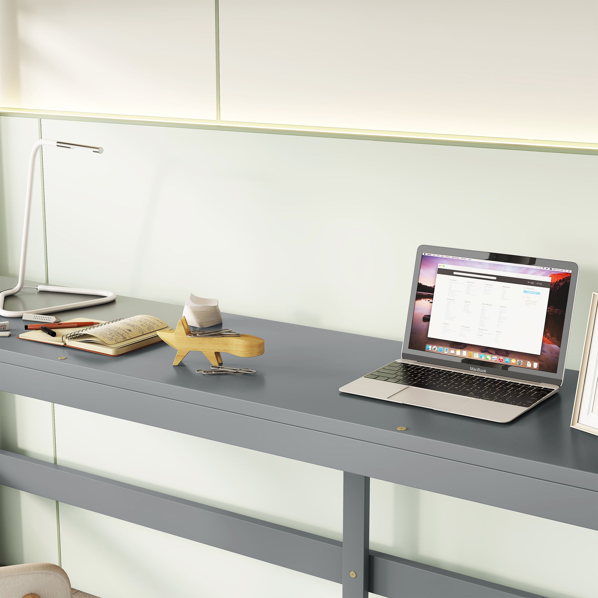 Gray Full Size High Loft Bed with Built-in Desk, Ladder Platform, and Guardrails