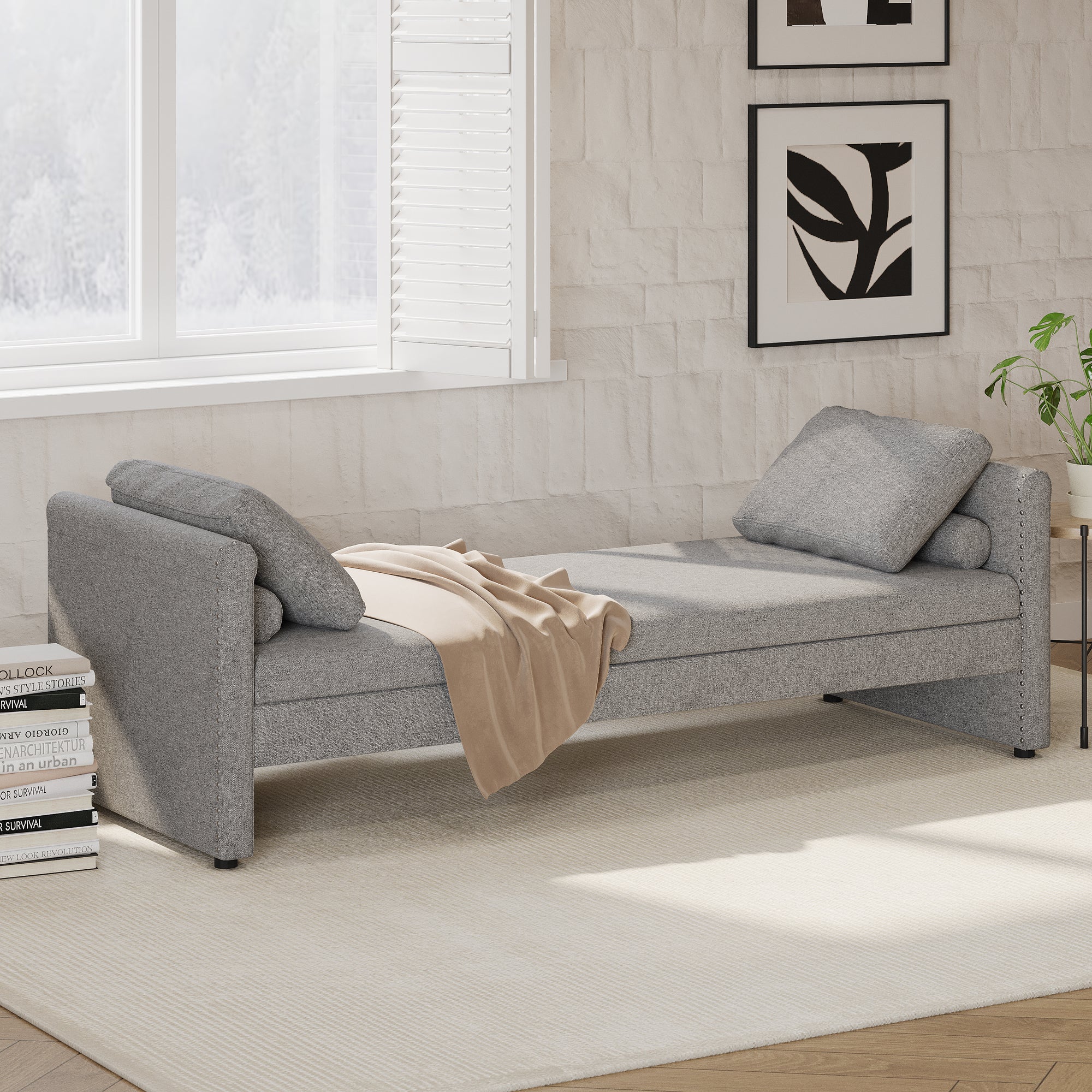 Gray Linen Upholstered Chaise Lounger Daybed