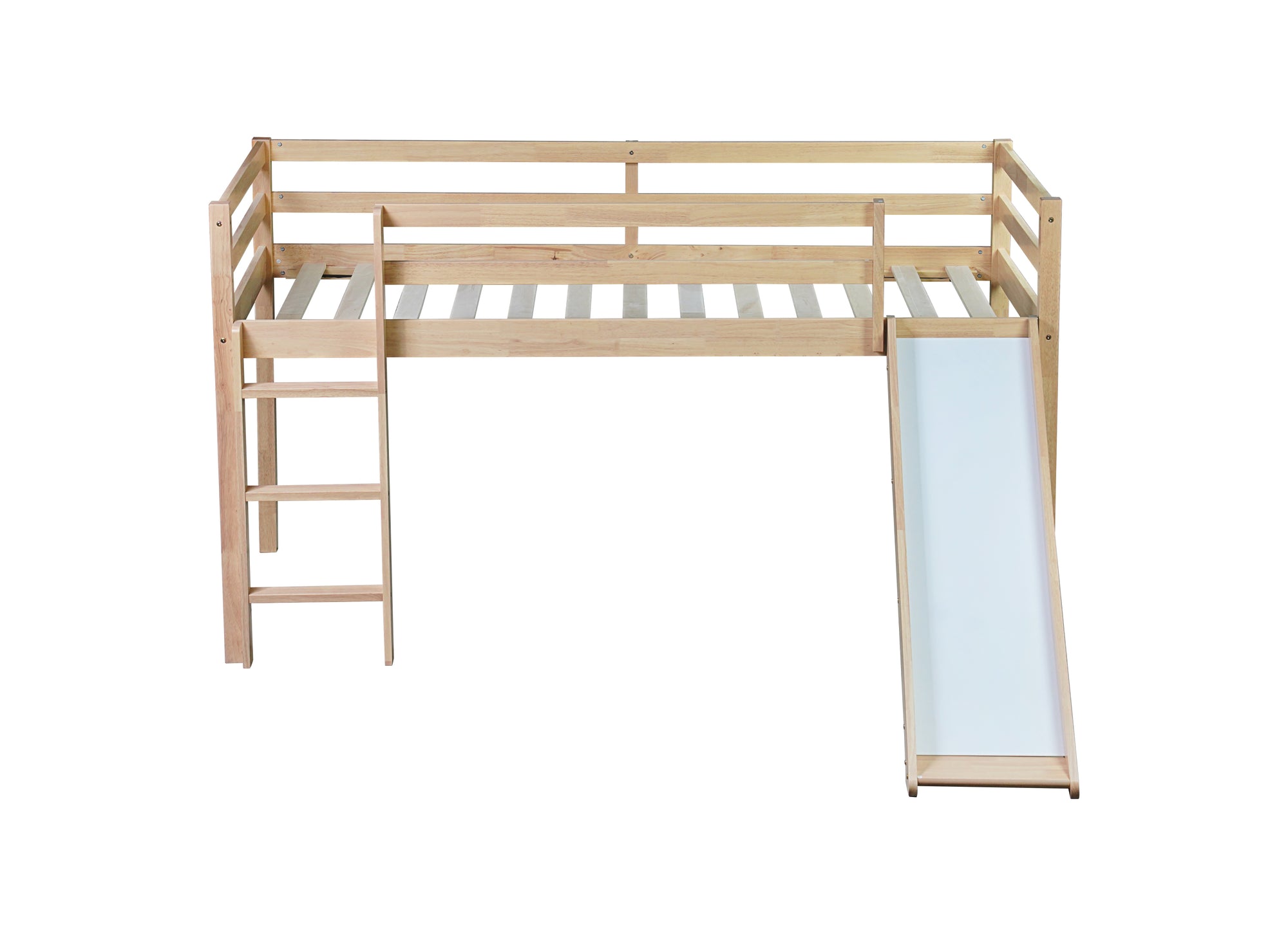 White Oak Twin Low Loft Bed with Slide and Ladder