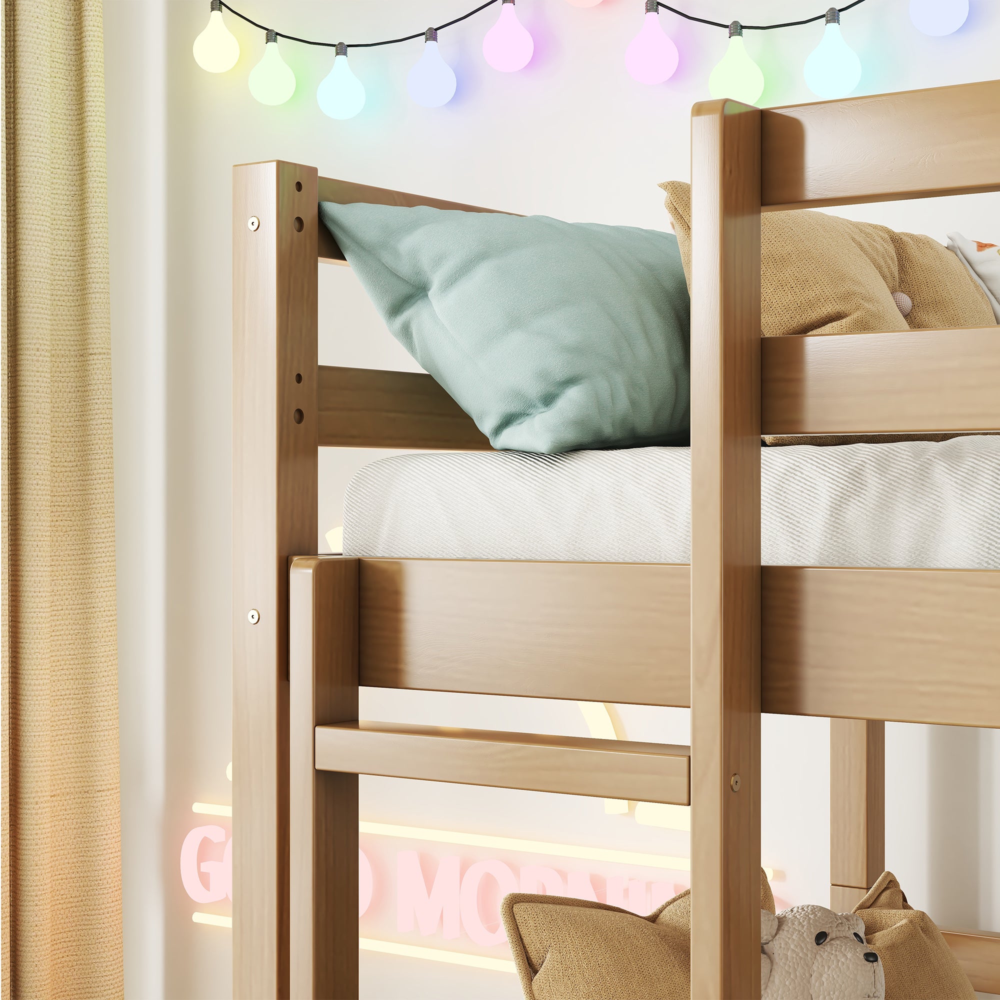 Triple Wood Bunk Bed with Two Built-in Ladders and Guardrails