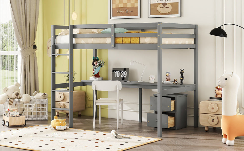 Twin Loft Wood Bed with Built-in Desk, Storage Cabinet, and Ladder