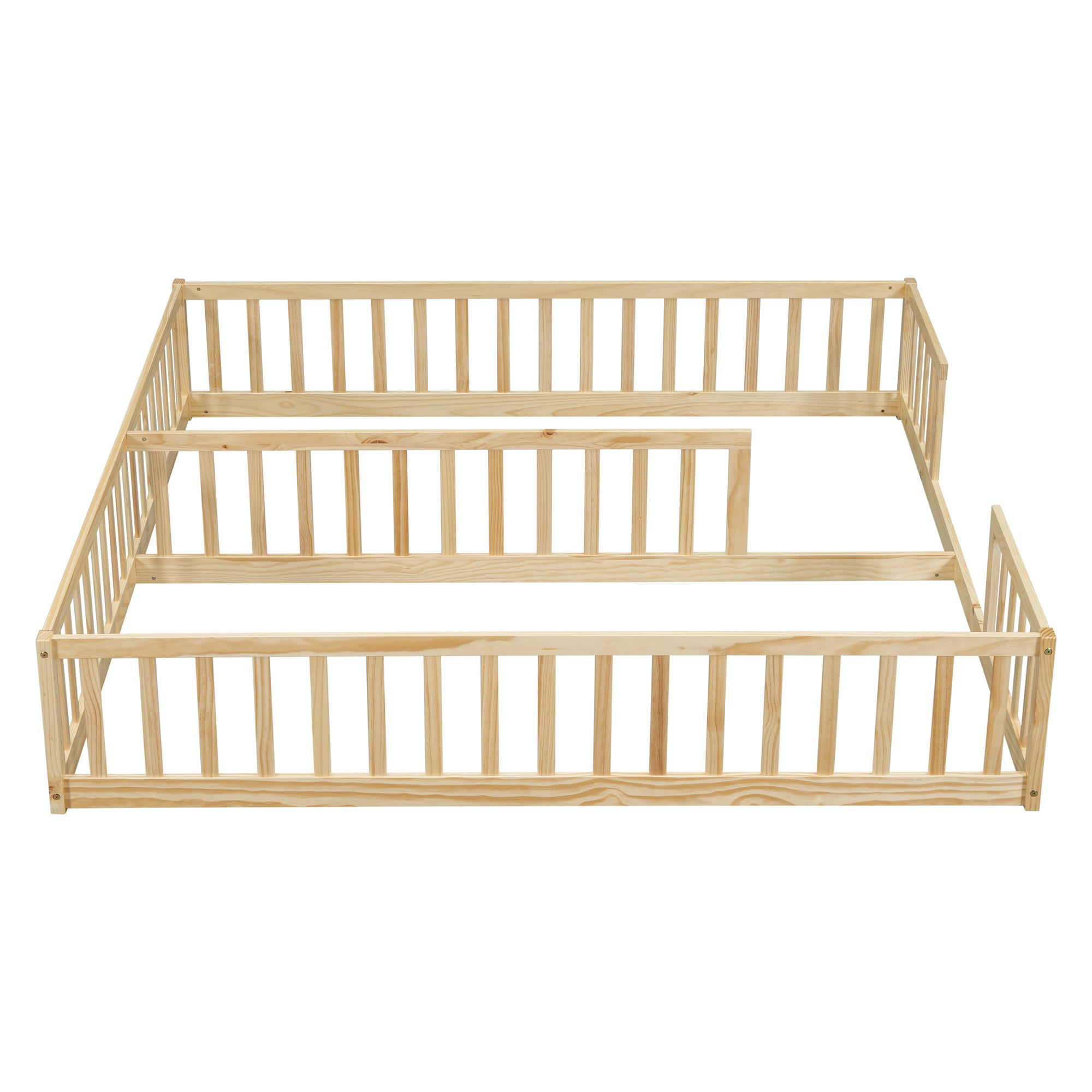 Double Twin Toddler Floor Bed with Fence and Guardrails in Natural Tones