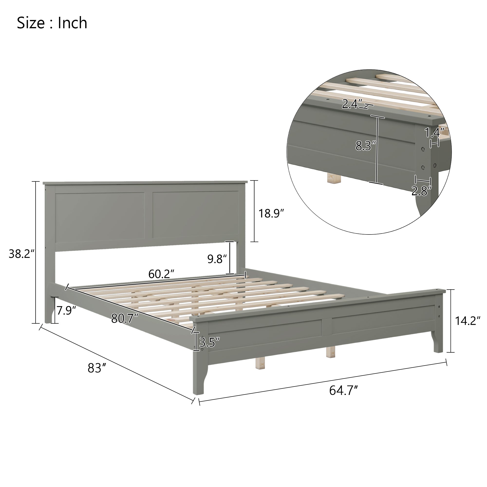 Gray Wooden Queen Size Platform Bed