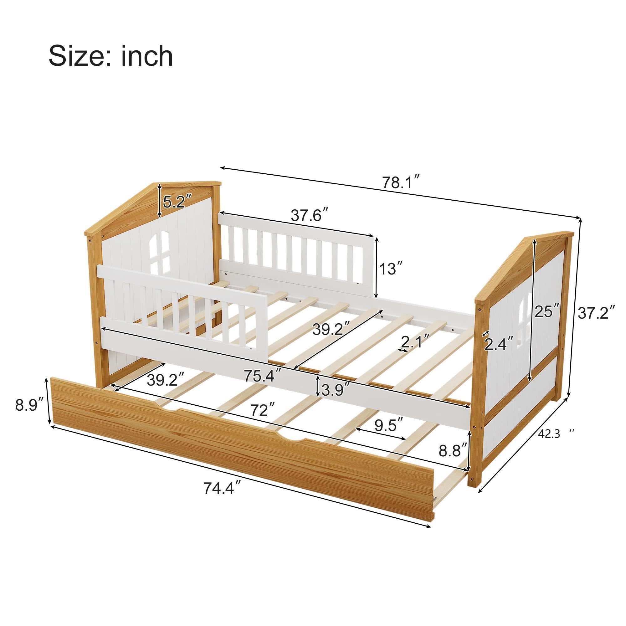 Twin House Bed with Trundle and Fence Guardrails