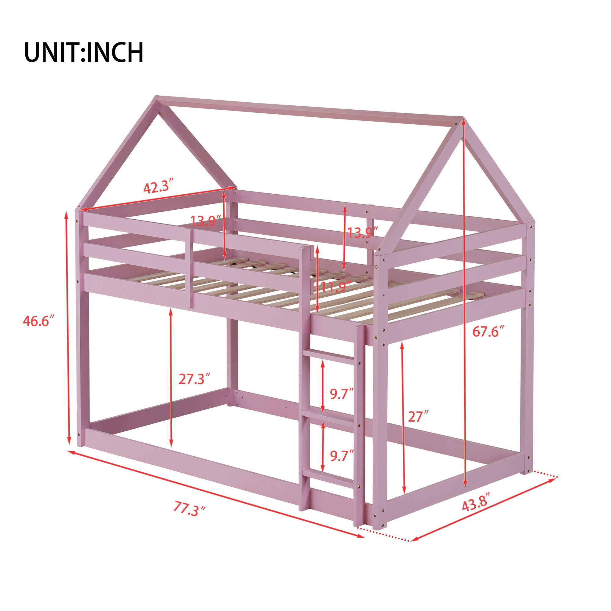 Twin Over Twin Pink House-Shaped Floor Bunk Bed with Ladder and Guardrails