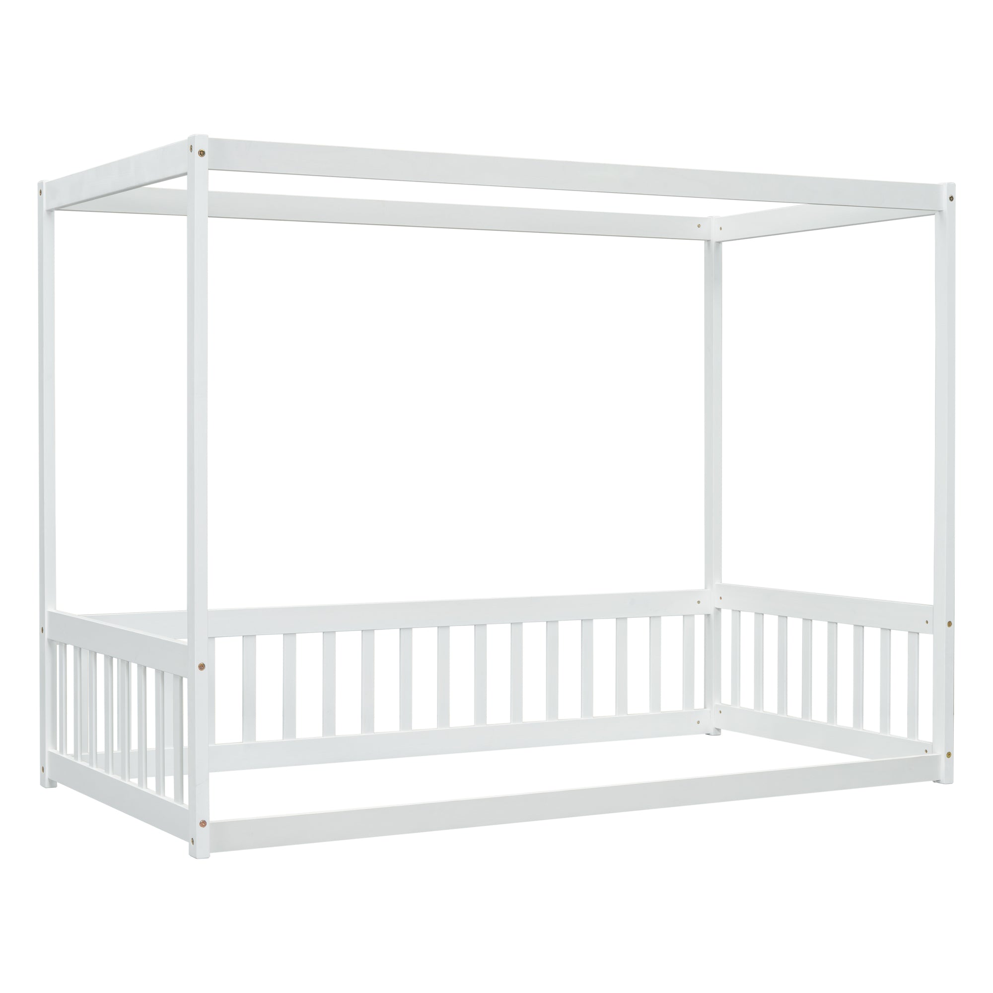 Twin Size White Canopy Frame Floor Bed with Fence and Guardrails