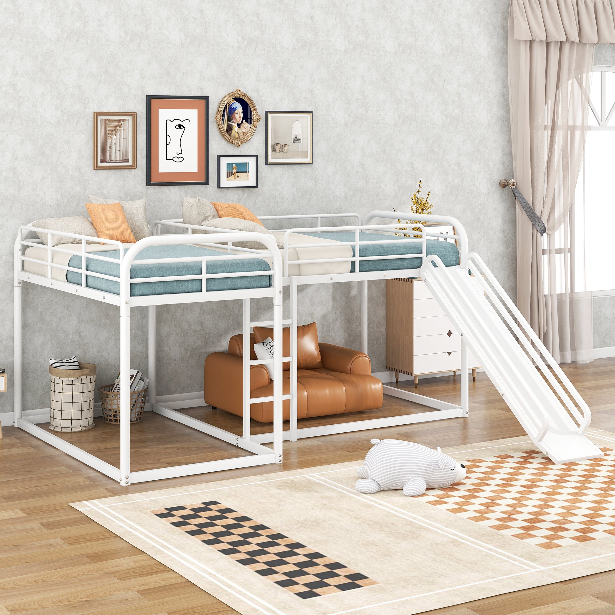 Full and Twin Size L-Shaped Bunk Bed with Slide and Short Ladder In White