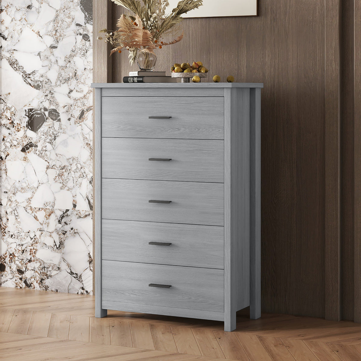 Retro American Country Style Wooden Dresser with 5 Drawers Storage Cabinet for Bedroom In Light Gray