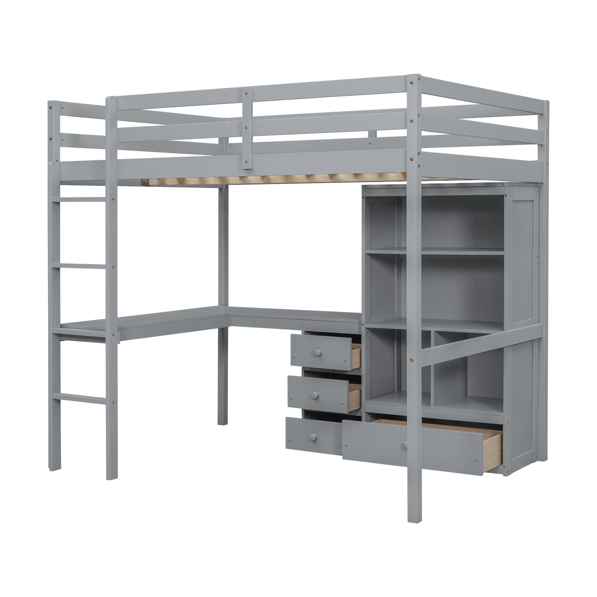 Gray Full Size High Loft Bed with Desk, Storage Shelves, and Drawers