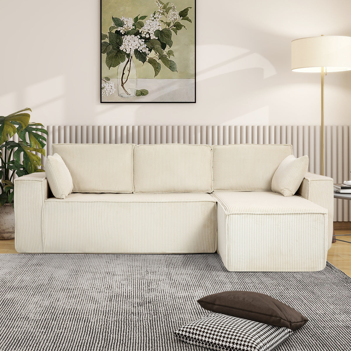 L-Shape Modular Sectional Sofa With Full-Foam Structure and Premium Corduroy Upholstery for Flexible Living Spaces In Beige