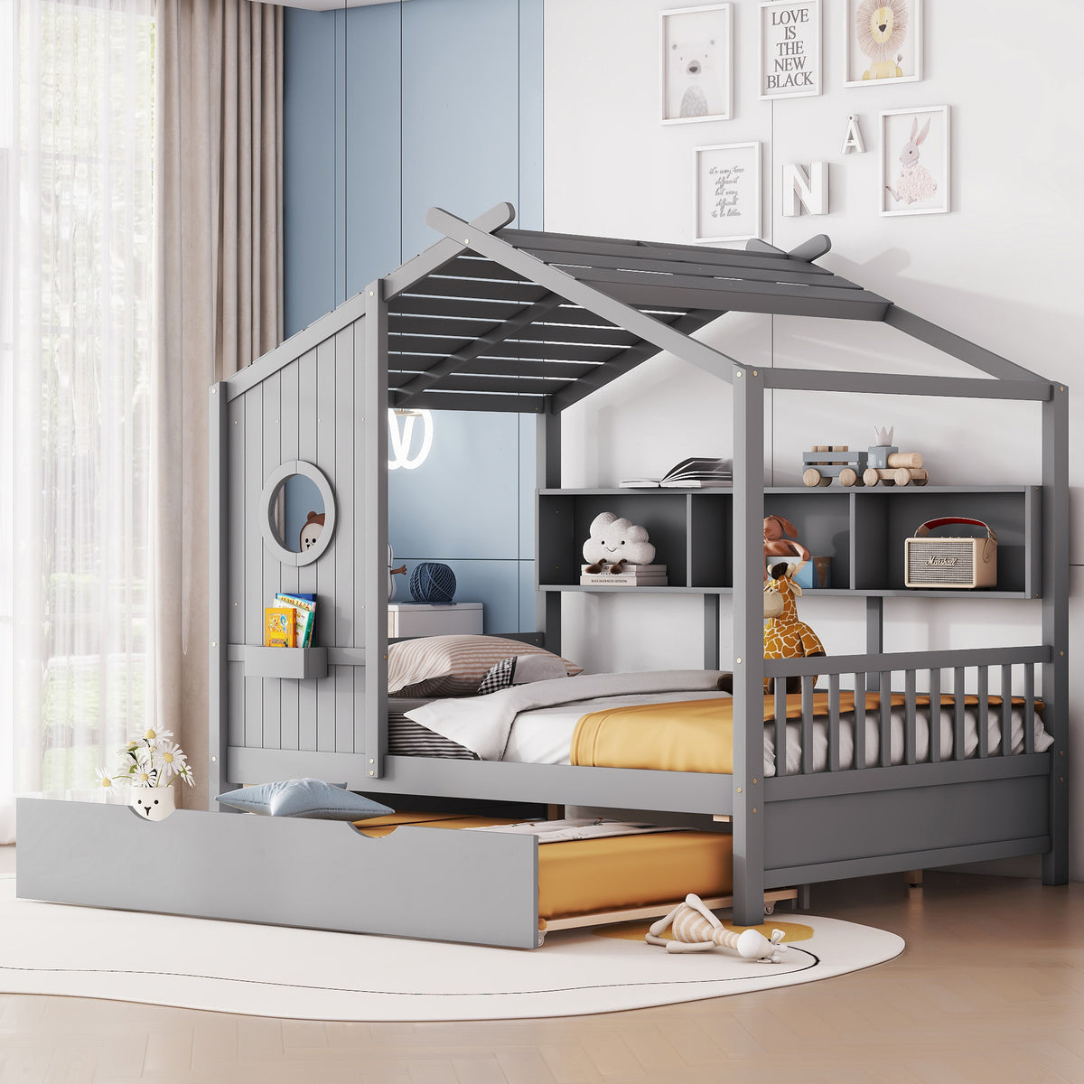 Wooden Full Size House Bed With Trundle and Storage Shelves In Gray