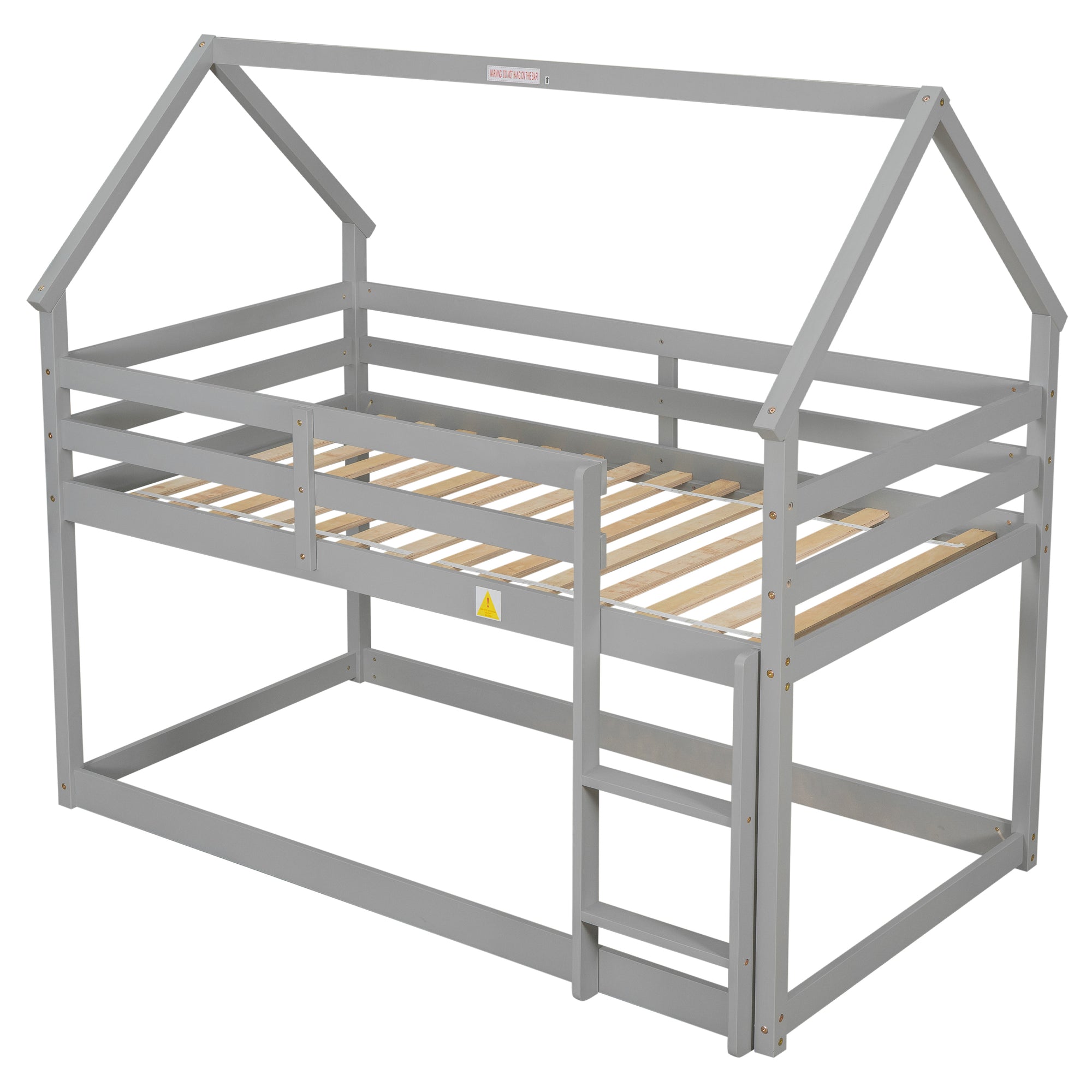 Twin over Twin Bunk Bed with Wood House Roof in Gray