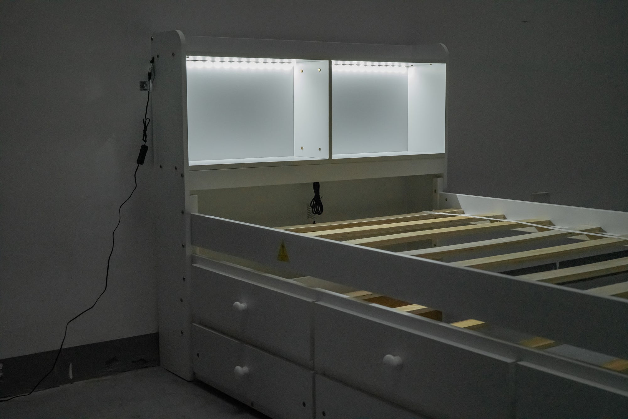 Twin Bed with USB & Type-C Ports, LED Lights, Bookcase Headboard, Trundle & 3 Drawers In White