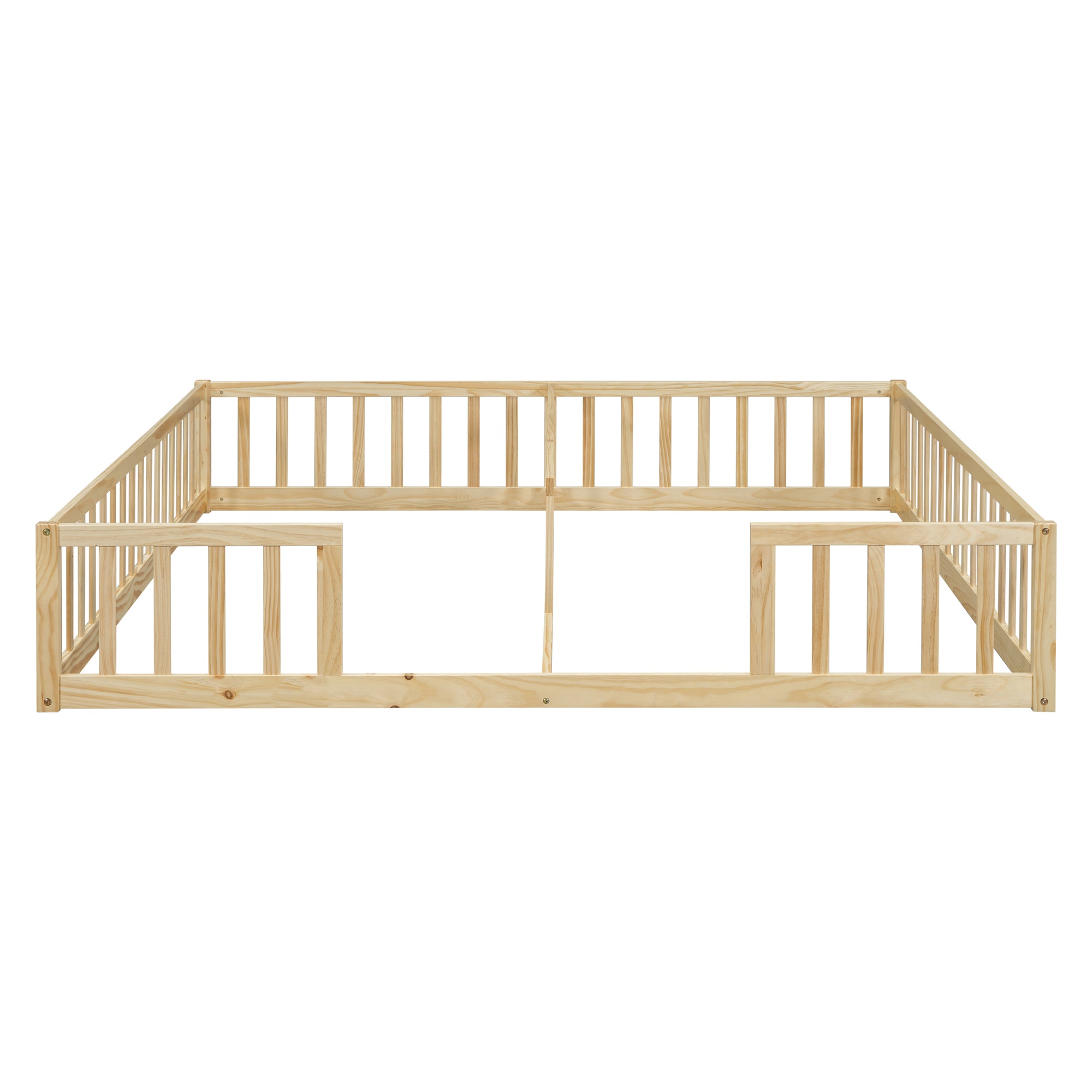 Double Twin Toddler Floor Bed with Fence and Guardrails in Natural Tones