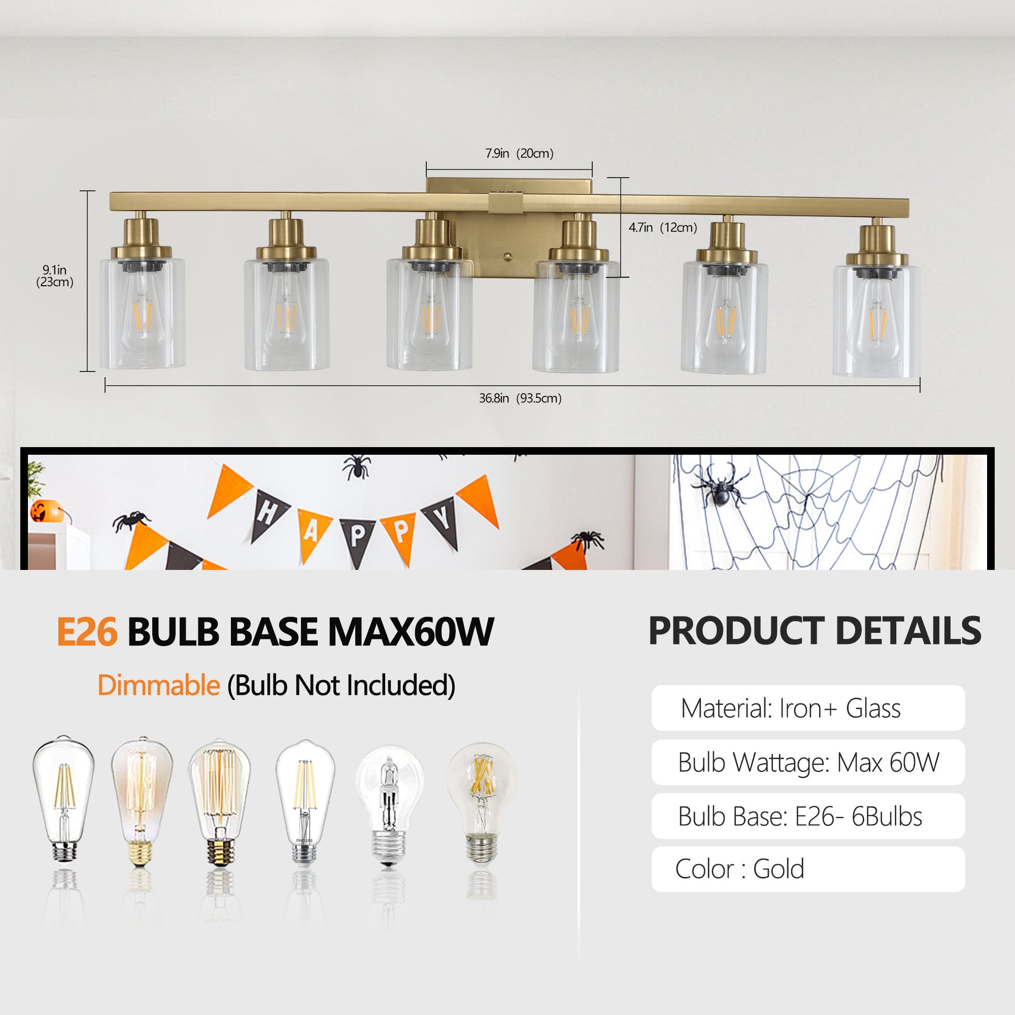 Golden 6-Light Vanity Light with Clear Glass Shades