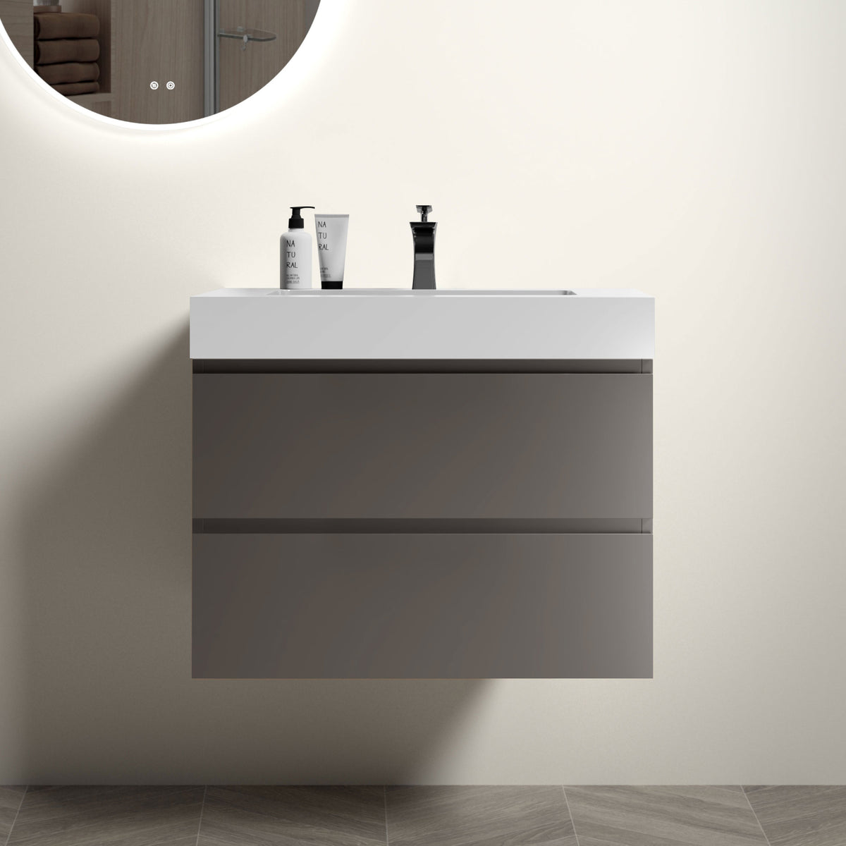 30&#39; Gray Bathroom Vanity with Large Storage and One-Piece White Sink Basin In Gray