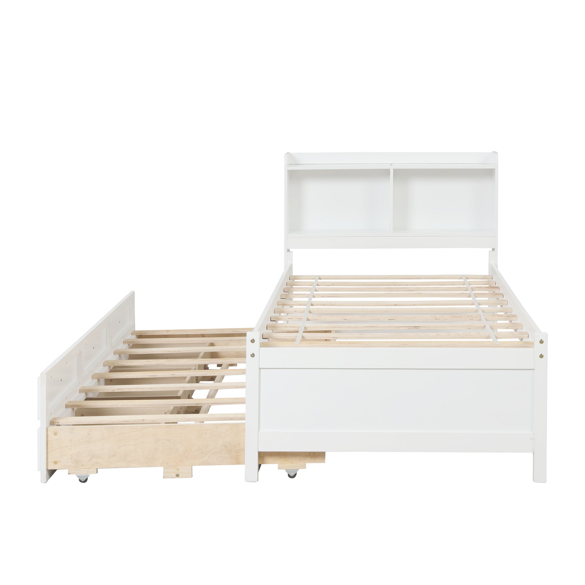 White Twin Bed with Bookcase, Trundle, and Drawers