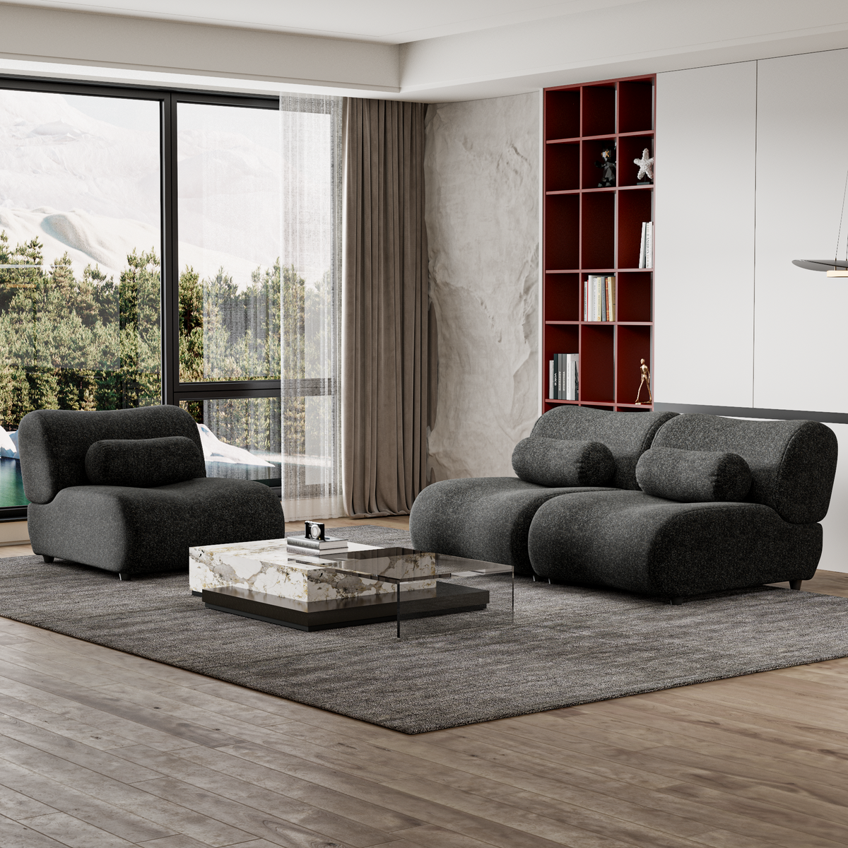 Modern Black Chenille Sofa Set with Cylindrical Pillows for Relaxing Modular Comfort In Black