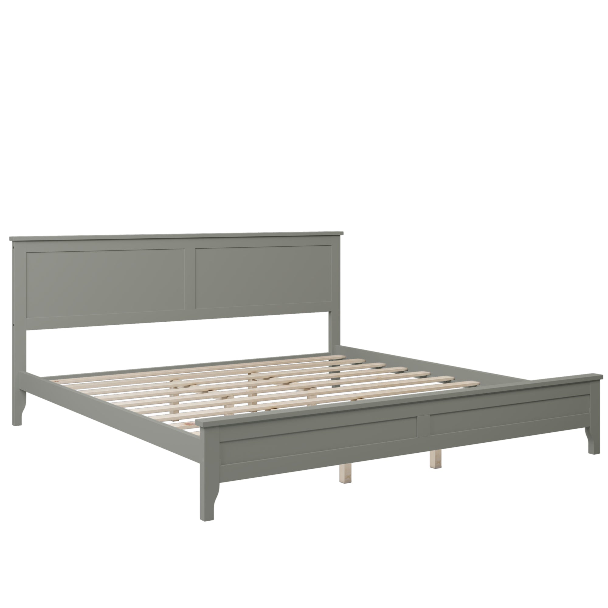 Gray King Bed Frame with Slat Headboard On Solid Wood Platform