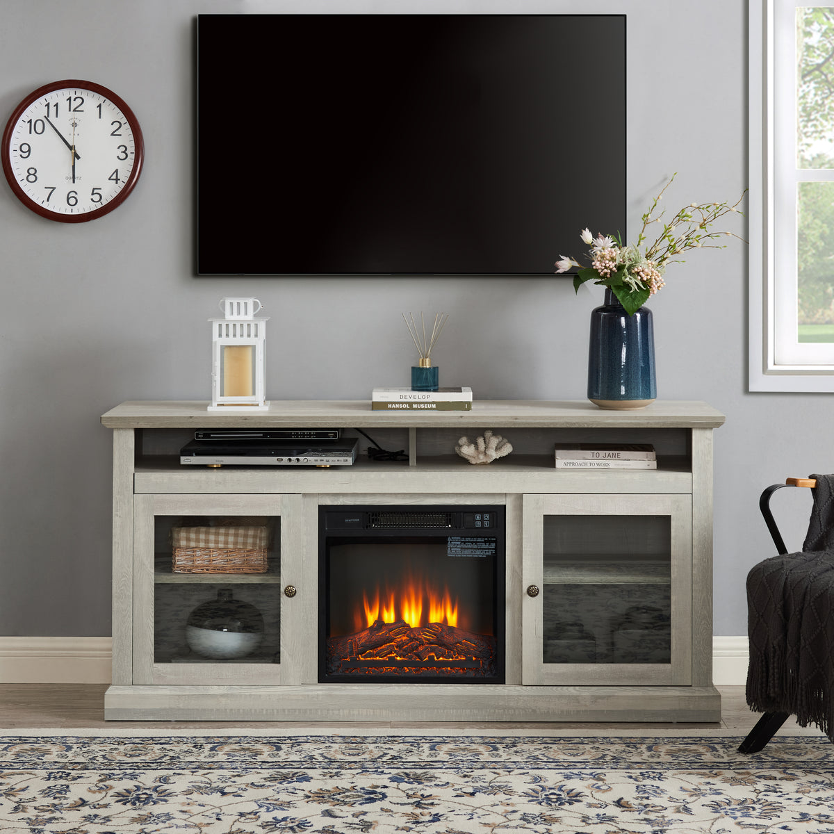 Contemporary TV Media Stand with 18 Fireplace Insert for TV Up to 65 with Open and Closed Storage Space In Stone Gray