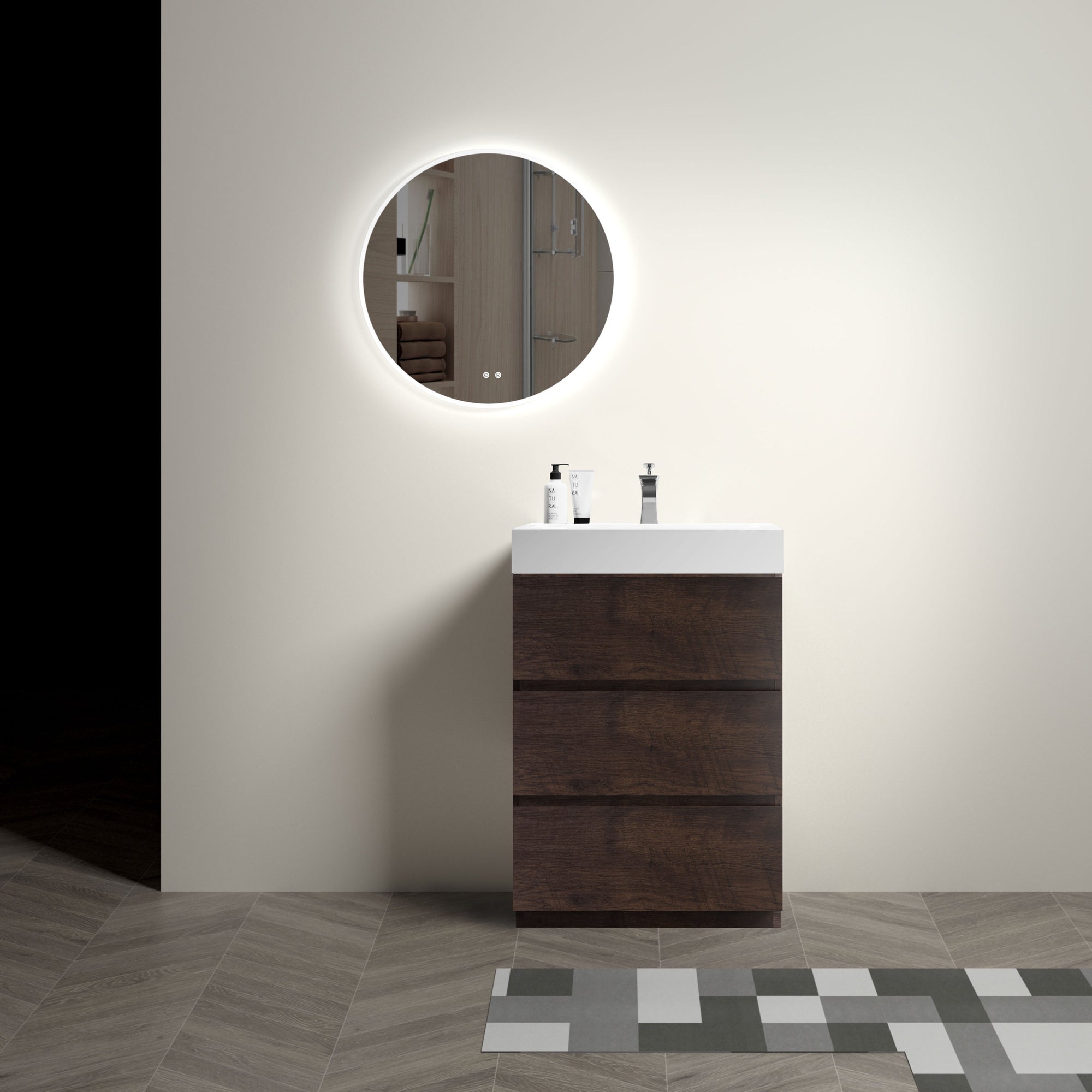 24 Walnut Bathroom Vanity with Sink Freestanding Design Large Storage Soft-Closing Drawers In White