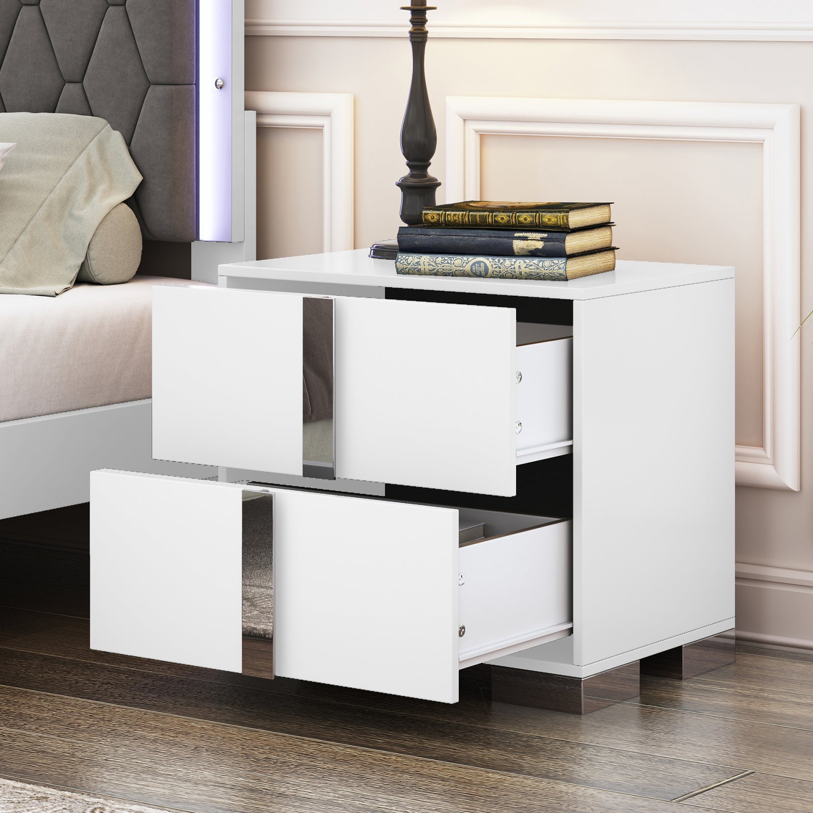 23" White Nightstand with Metal Handling & 2 Drawers