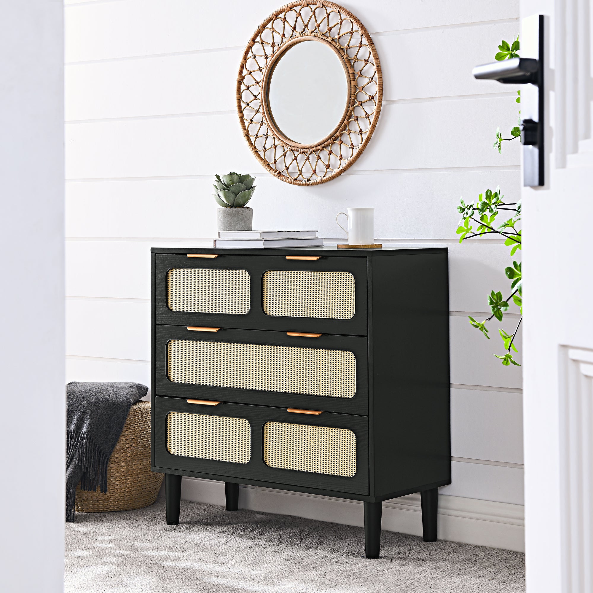 Modern Rattan 3 Drawer Dresser Cabinet With Wide Drawers In Black