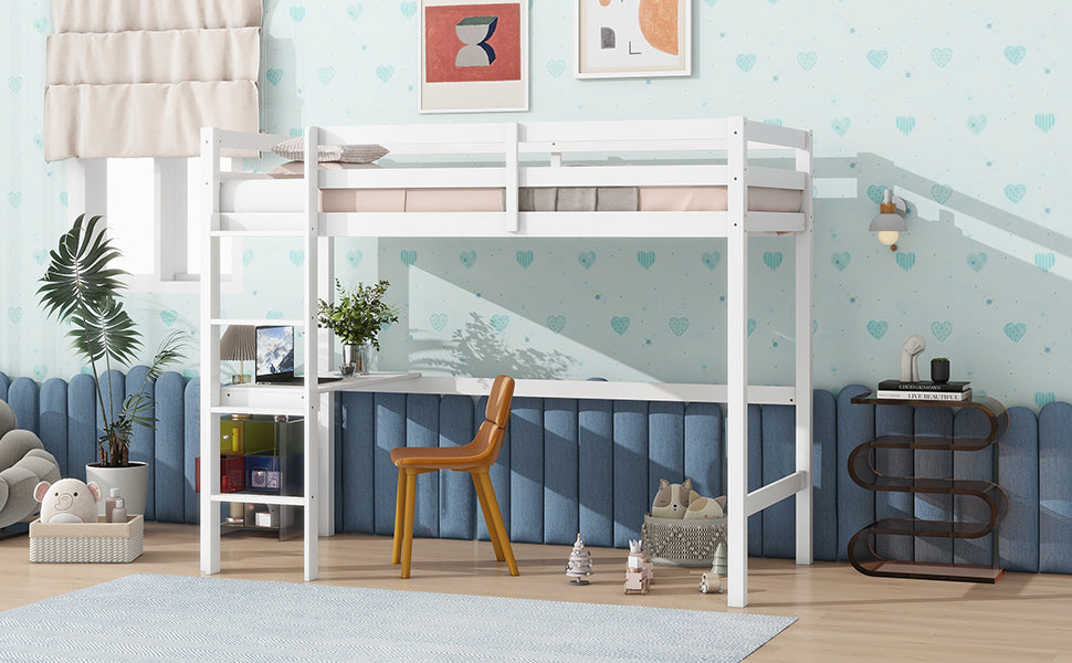 White Twin High Loft Bed For Kids with Built-in Desk in Rubber Wood Construction