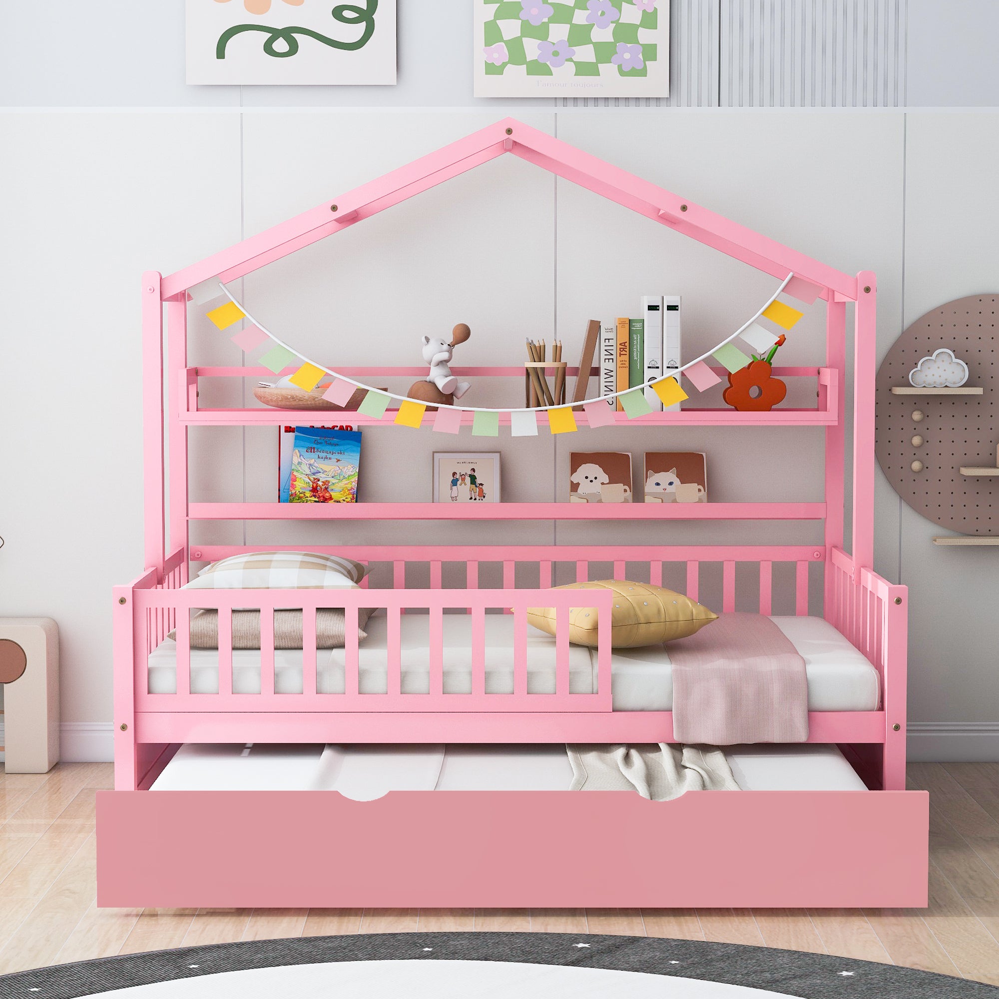 Wooden Twin Size House Bed with Trundle and Shelf In Pink