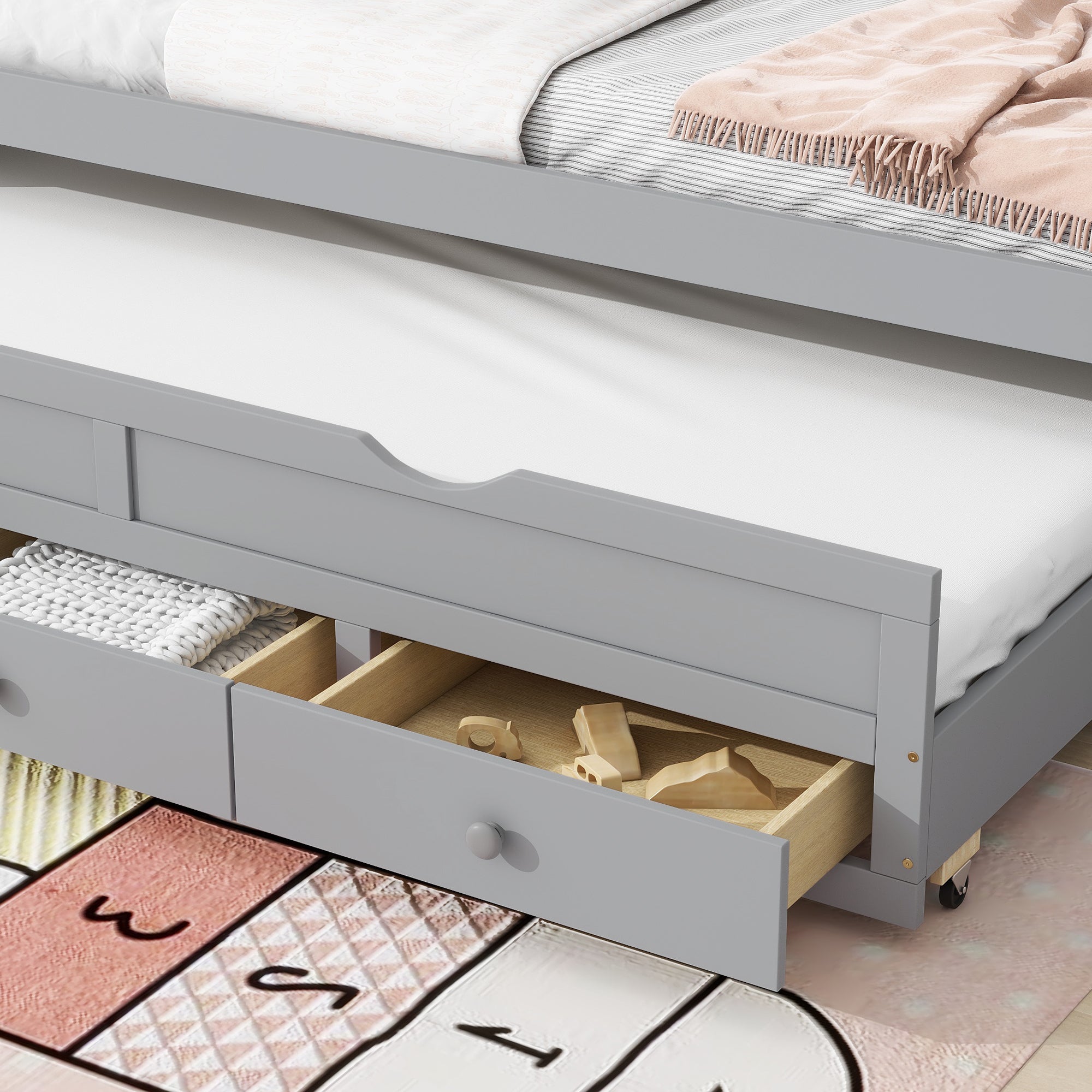 Gray Twin Size Bed with Headboard, Footboard, Trundle, and Three Storage Drawers