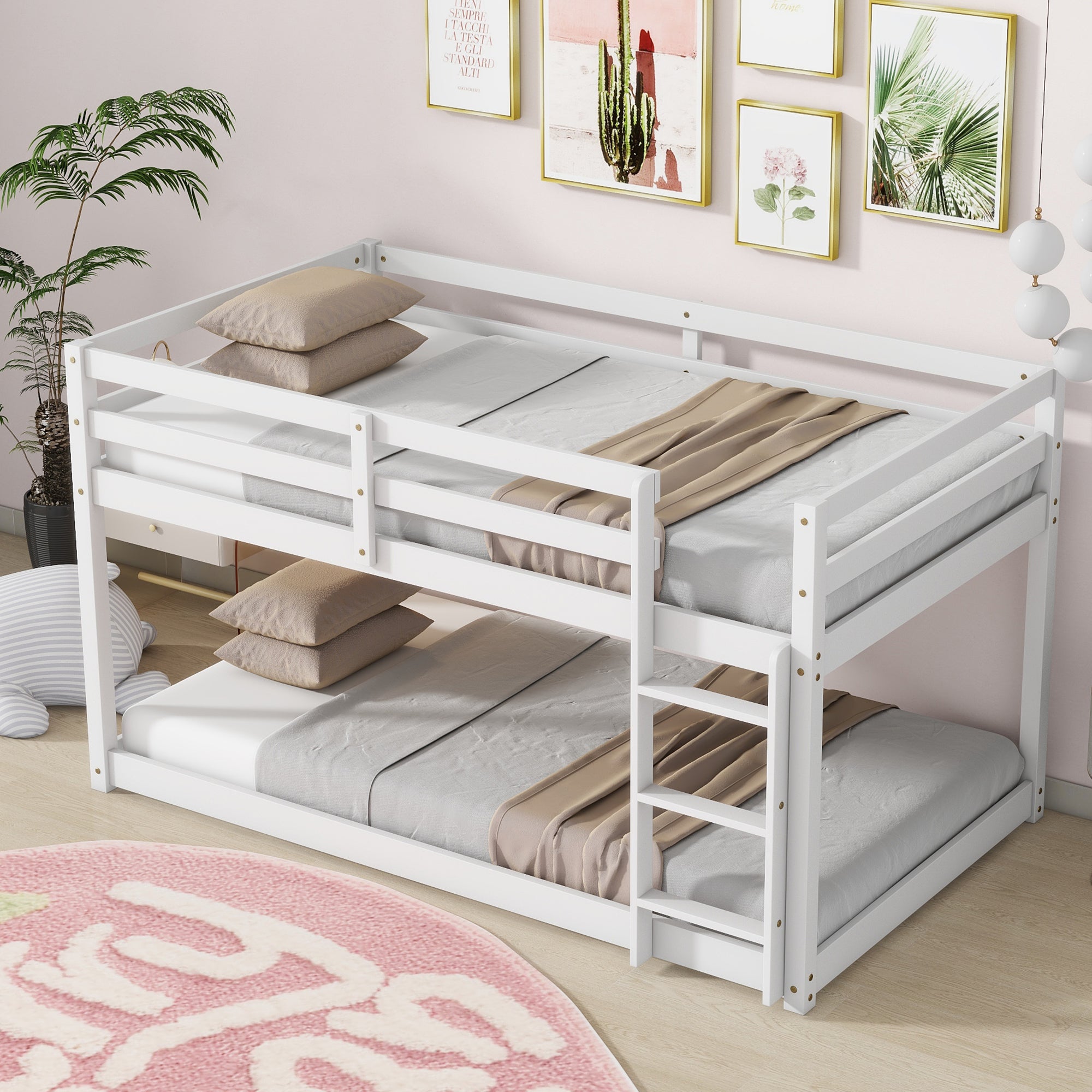 White Twin Over Twin Loft Bed with Ladder In Sturdy Rubber Wood Construction