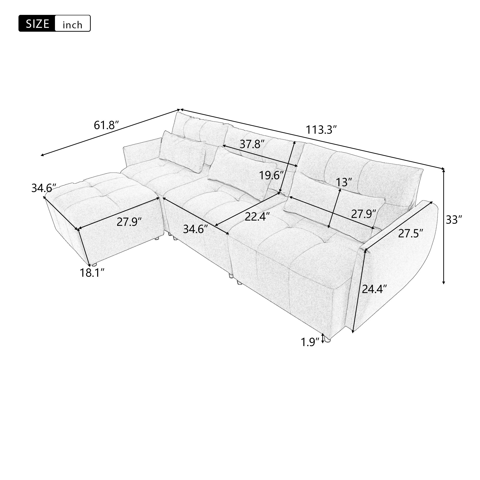 Khartoum Sectional Sofa with Movable Ottoman in Grey Chenille